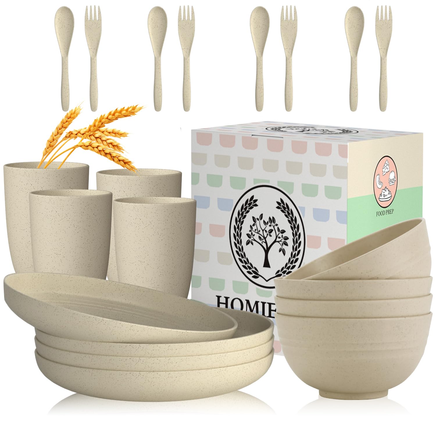 Homienly Wheat Straw Dinnerware Sets, 20Pcs Lightweight Unbreakable Dinnerware, Microwave Dishwasher Safe Bowls Cups Forks Spoon