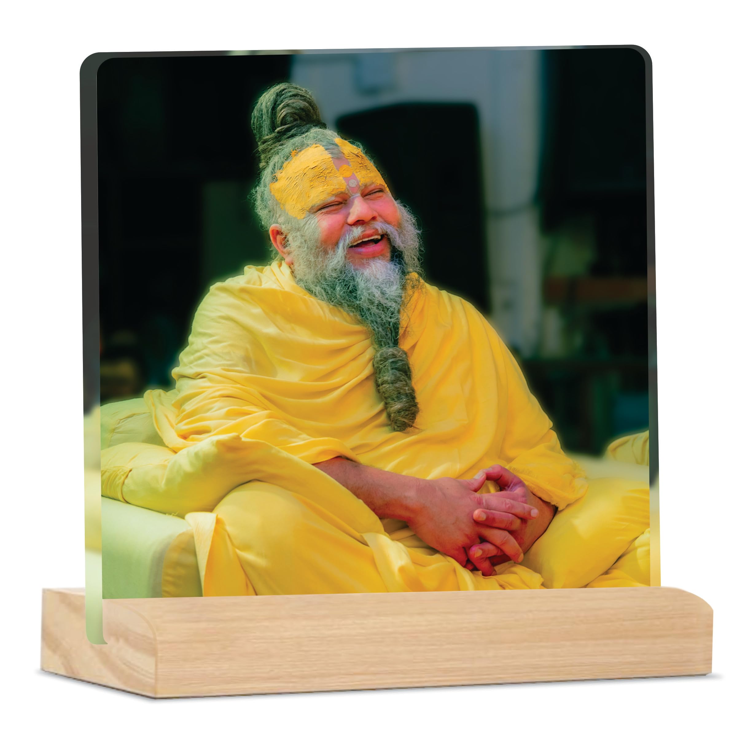 Giftplease Divine Desktop Photo Frame Of Shri Premanand Maharaj Ji | Spiritual Table Stand With Wooden Base | Inspirational Reli