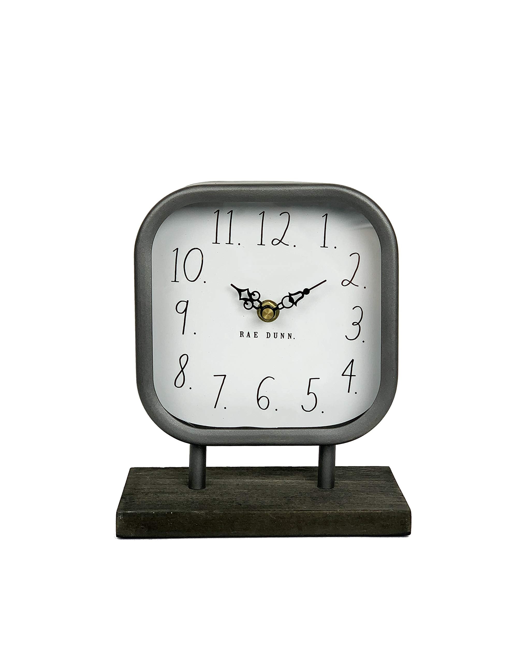 Rae Dunn Desk Clock - Battery Operated Modern Metal Rustic Design with Wooden Base for Bedroom, Office, Kitchen - Small Classic 