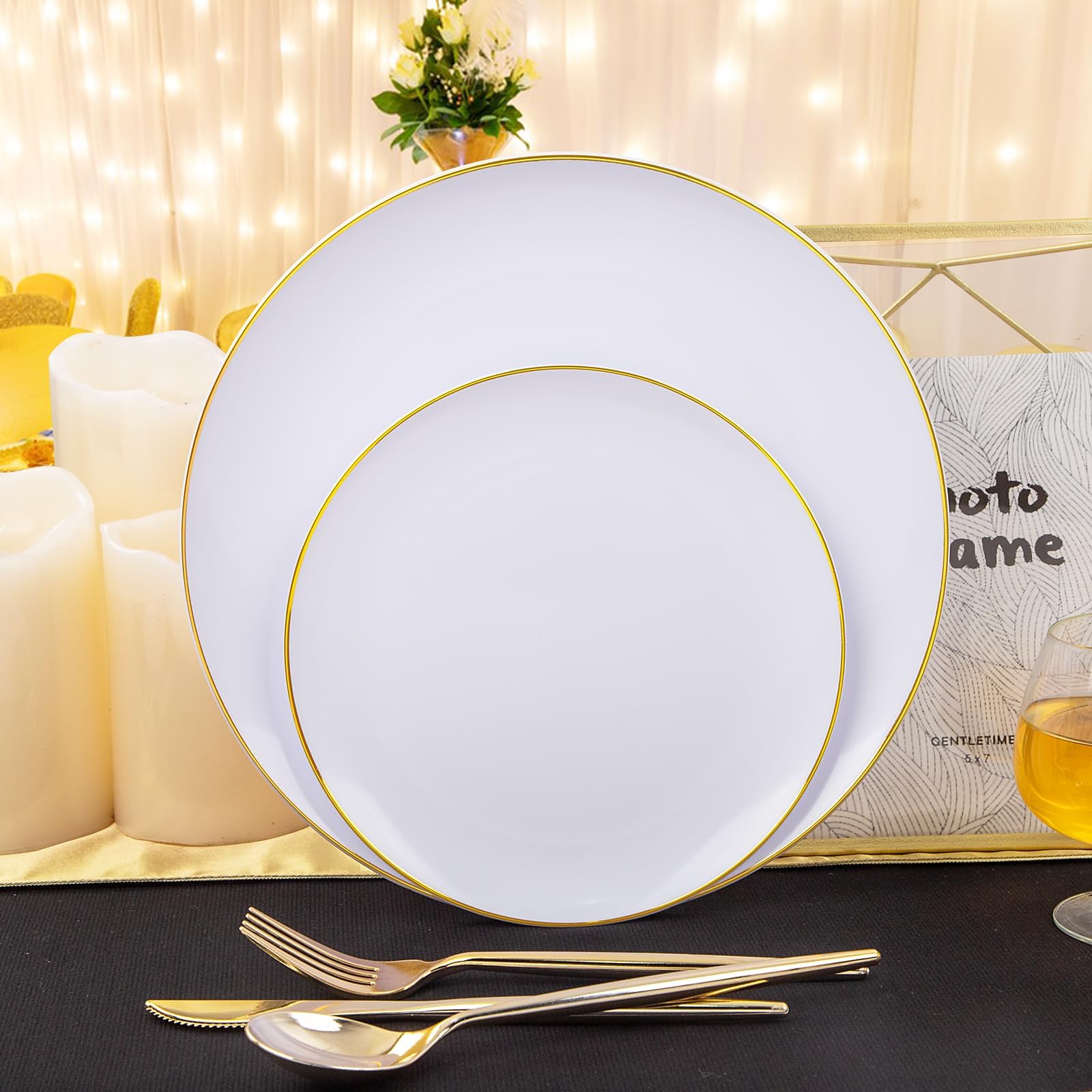 I00000 30 Guests Gold Plastic Plates With Disposable Silverware,Gold Disposable Dinnerware Set Include 30 Dinner Plates,30 Desse