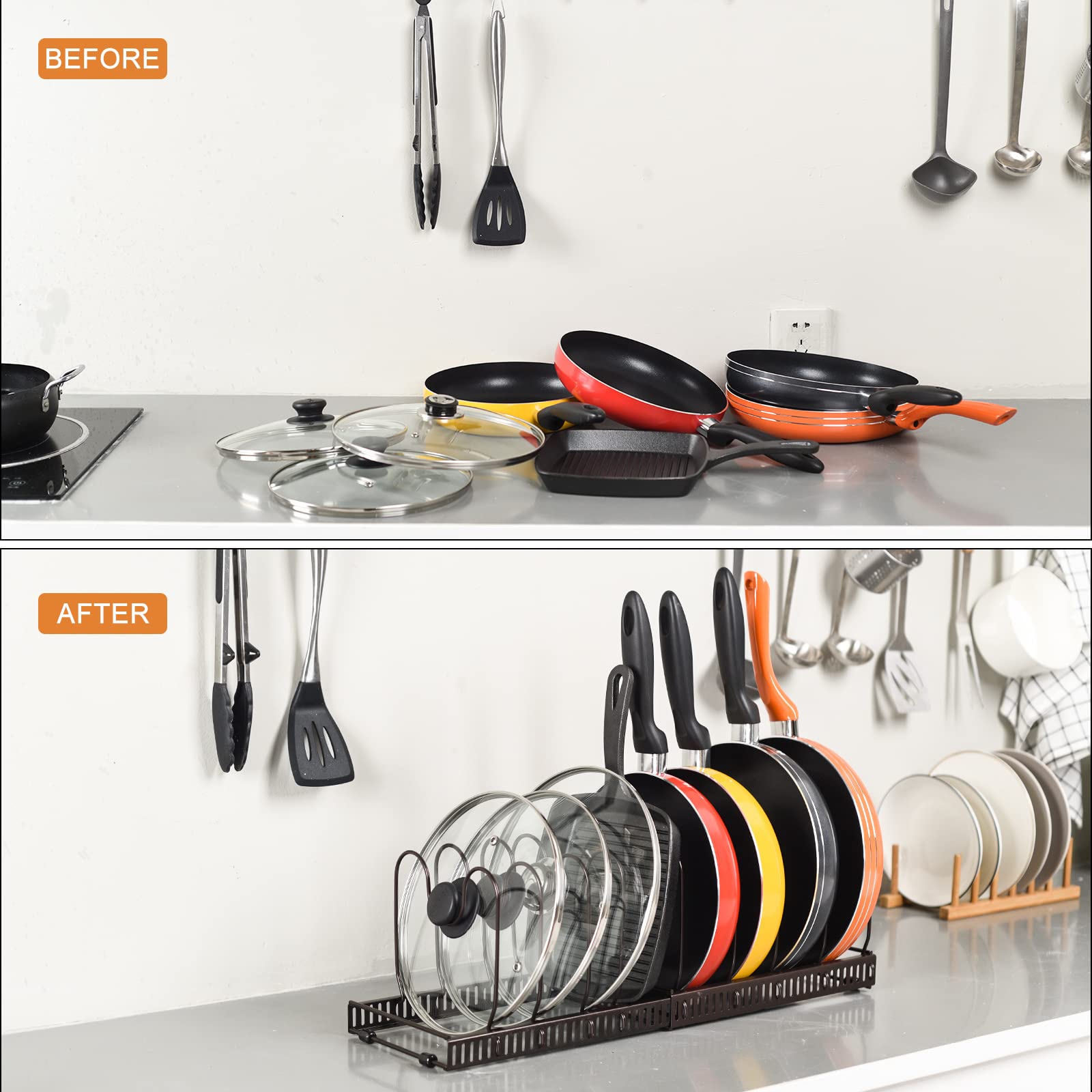 Toplife Pots And Pans Organizer Rack For Cabinet And Countertop, 10+ Pot Lids, Bakeware And Cookware Organizer Rack Holder With