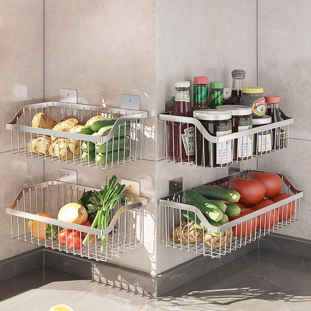 4 Set Hanging Wall Mount Storage Baskets, Multiuse Sturdy SUS304 Stainless Steel Organizing Baskets for Home Kitchen, Bathroom, 
