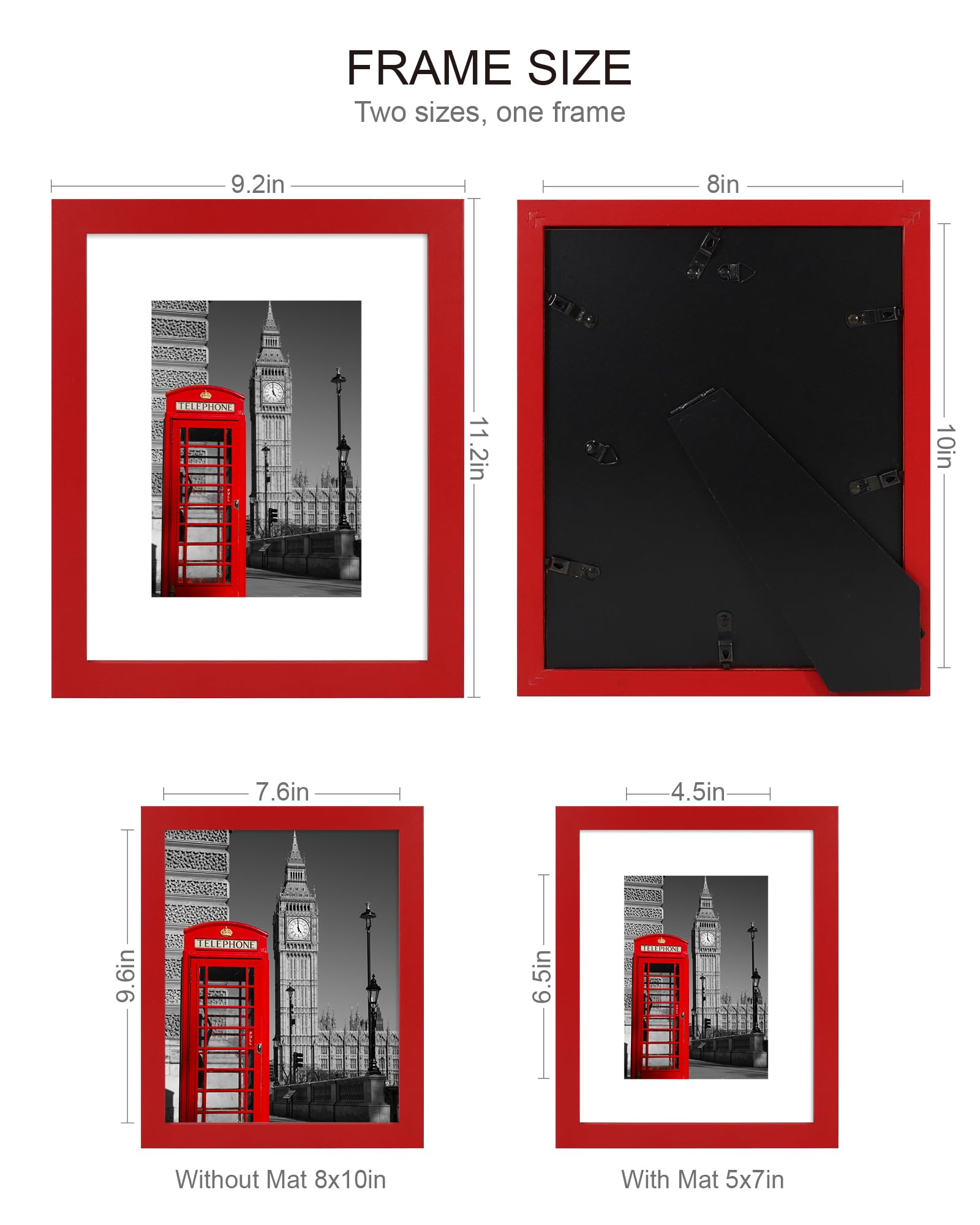 Hongkee 8x10 Picture Frame (4 Pack, Red) Made of Real Glass and Wooden Frame - Display Pictures 5x7 with Mat or 8x10 Without Mat