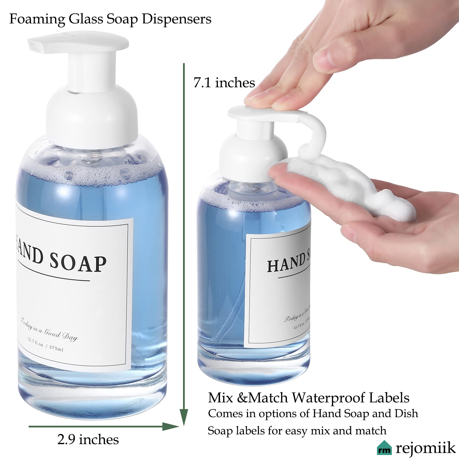 rejomiik 2 Pack Foaming Soap Dispenser Thick Glass Foam Hand Soap Dispenser for Bathroom or Kitchen Sink  13 oz Clear Pump Bottles for Hand soap  Body Wash  White