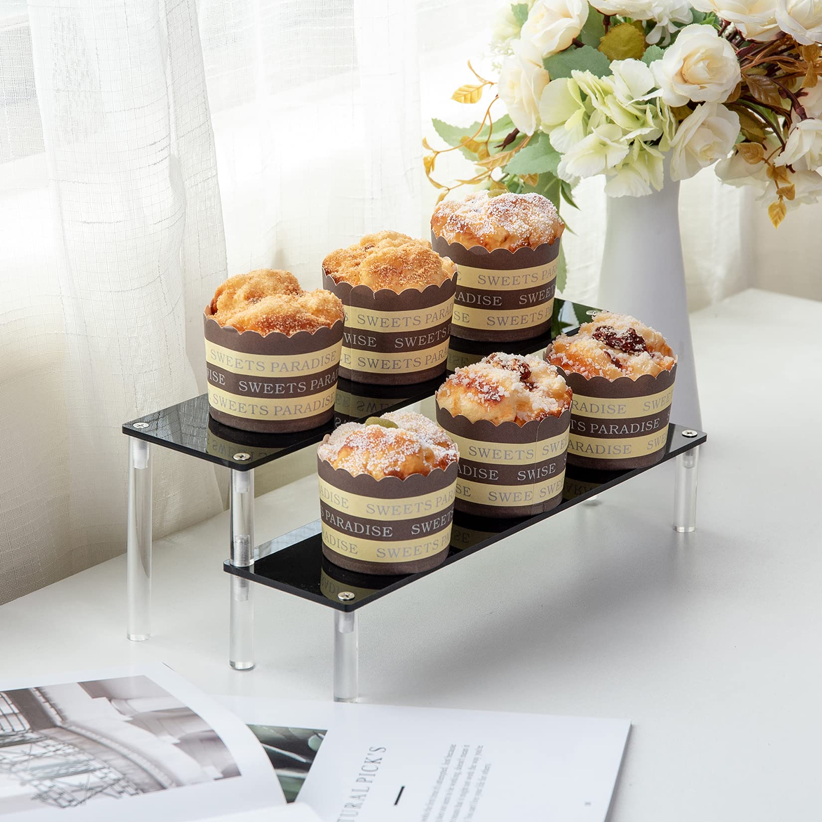 ihomecooker 2 Tier Black Acrylic Display Riser Cupcake Stand Display Shelf for Decoration, Makeup