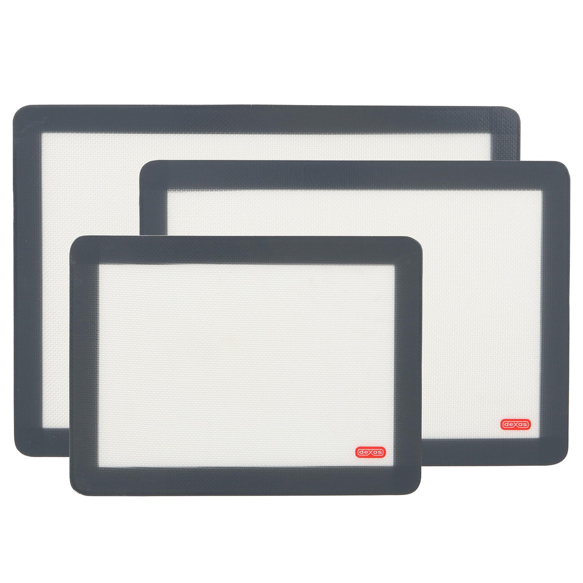 Dexas Silicone, Non-Stick, Food Safe Baking Mats 3 Pack, Clear W/Grey Edge. Includes Storage Bands. 3 Mat Sizes: 16.5''X11.5''14