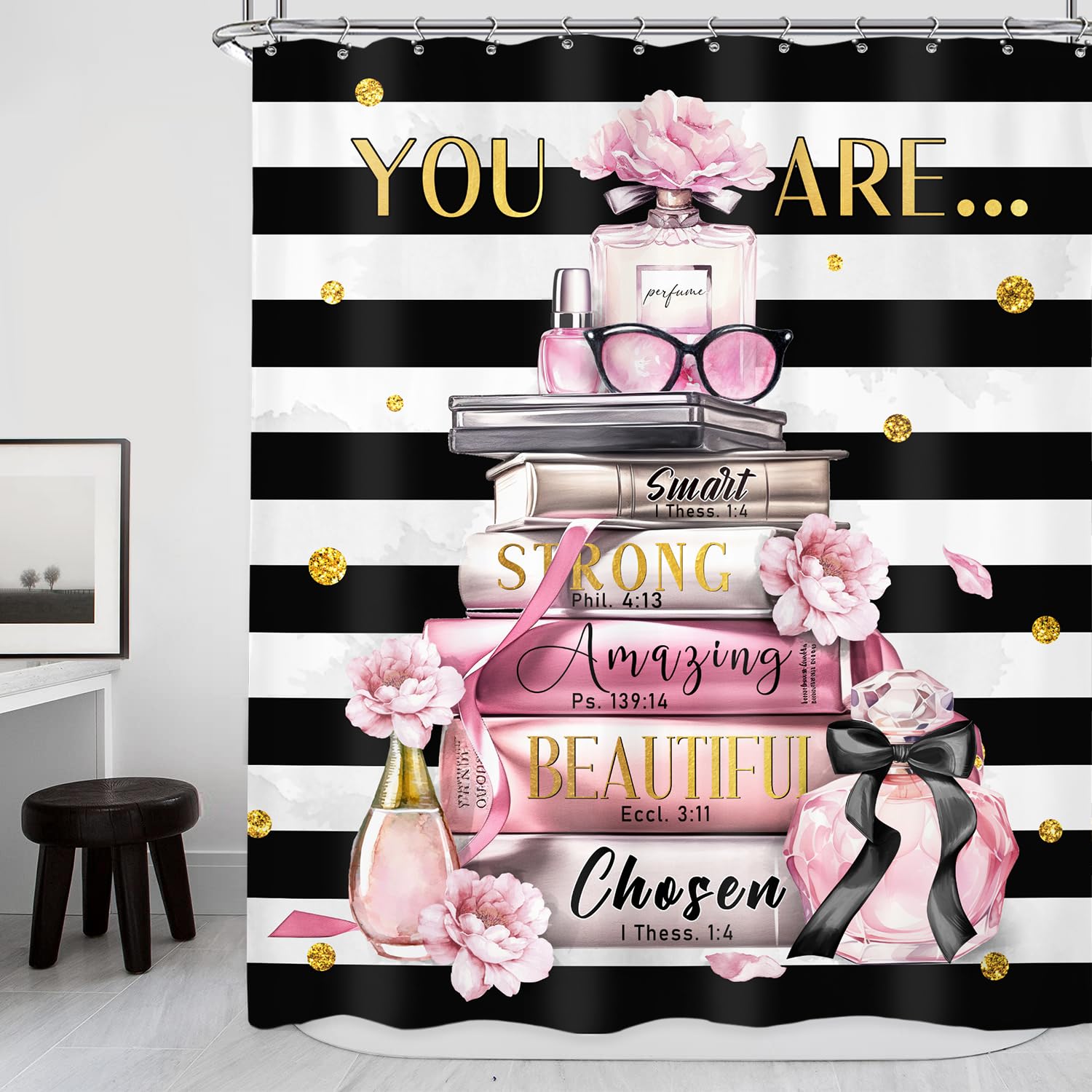 Riyidecor Fashion Quotes Shower Curtain 60Wx72H Inch Woman Black White Striped You Are Pink Modern Magazine Books Perfume Flower
