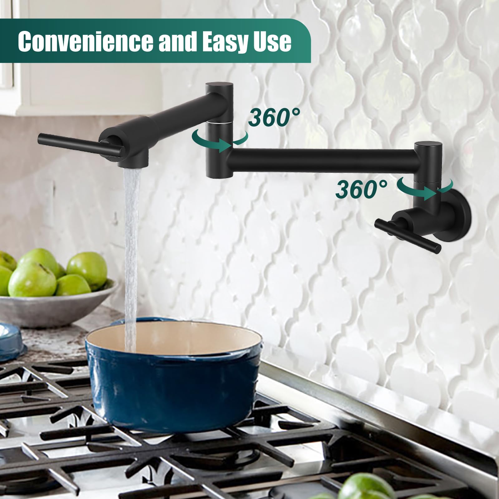Heyalan 19'' Matte Black Stainless Steel SUS304 Pot Filler Faucet Wall Mounted Double Joint Swing Folding Arms with Two Handles Single Hole Commercial Kitchen Faucet to Control Water Stovetop
