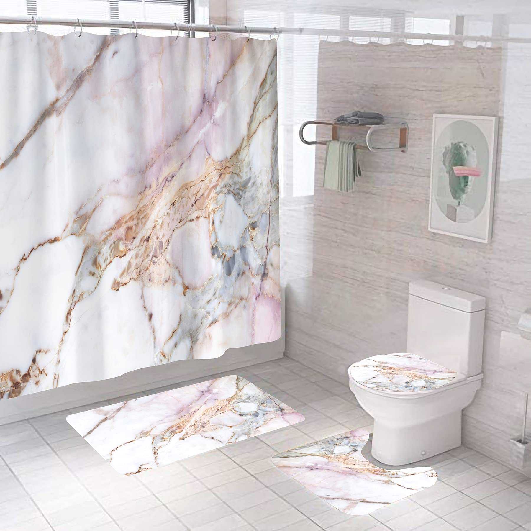 4 Pcs Marble Texture Gold Shower Curtain Sets with Non-Slip Rugs Toilet Lid Cover and Bath Mat Natural Marble Abstract Pink Show
