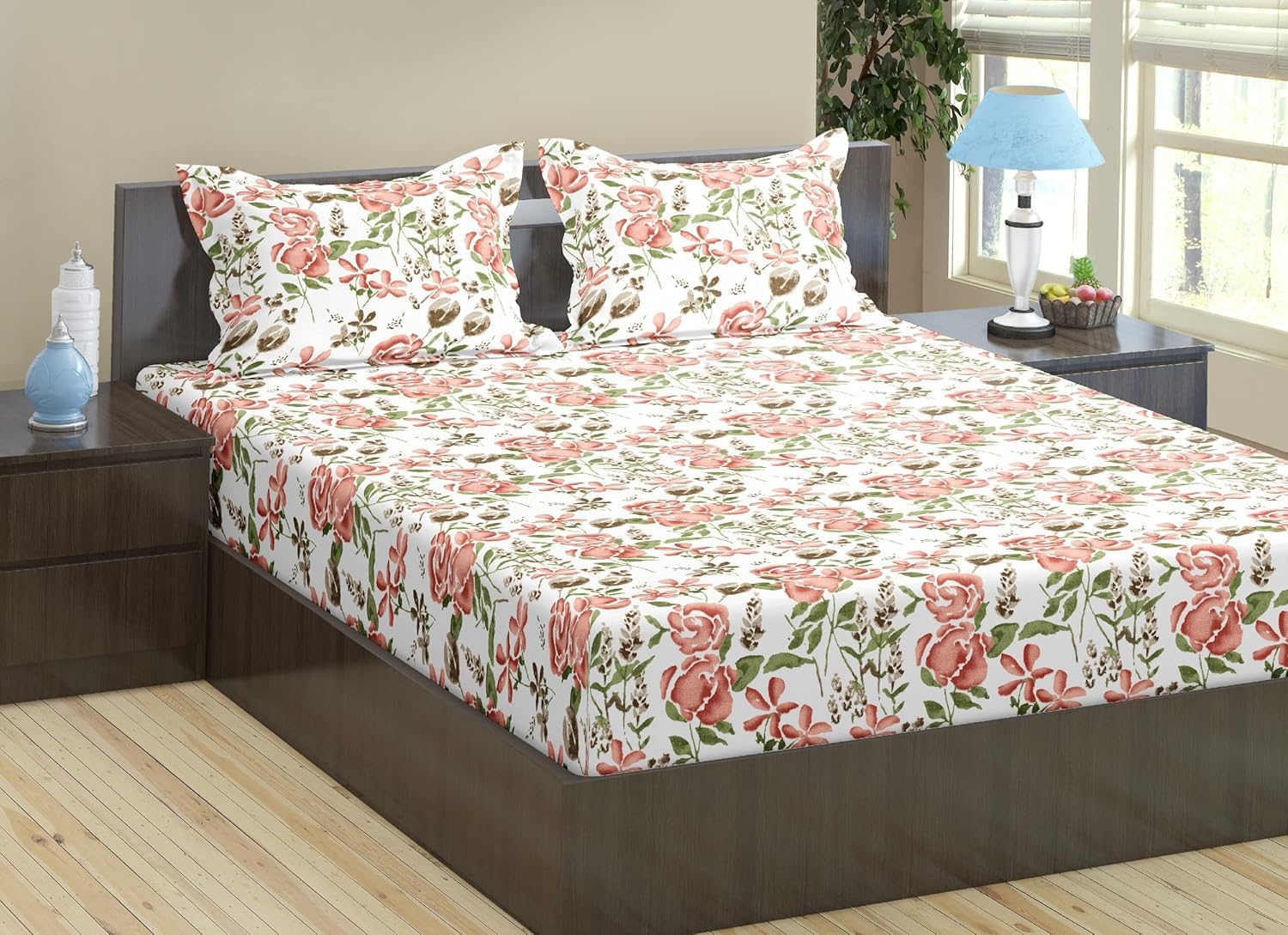 Trance Home Linen 180Tc 100% Cotton 78X60 Standard Queen Size Elastic Fitted Bedsheet | Printed Queen Bed Size Elasticated Fitte