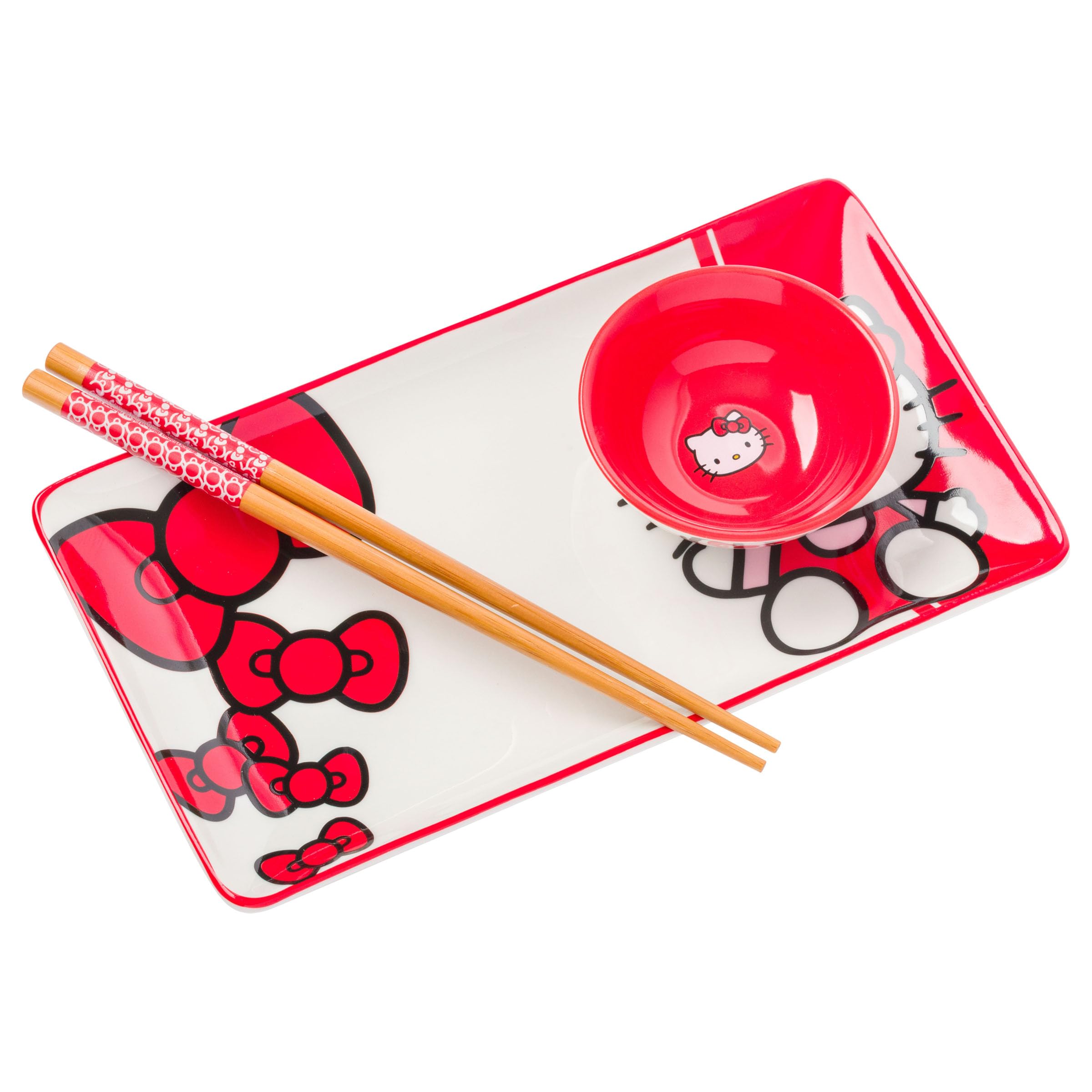 Silver Buffalo Sanrio Hello Kitty Red and White Bow Ceramic Sushi Set with Dipping Sauce Dish and Matching Chopsticks