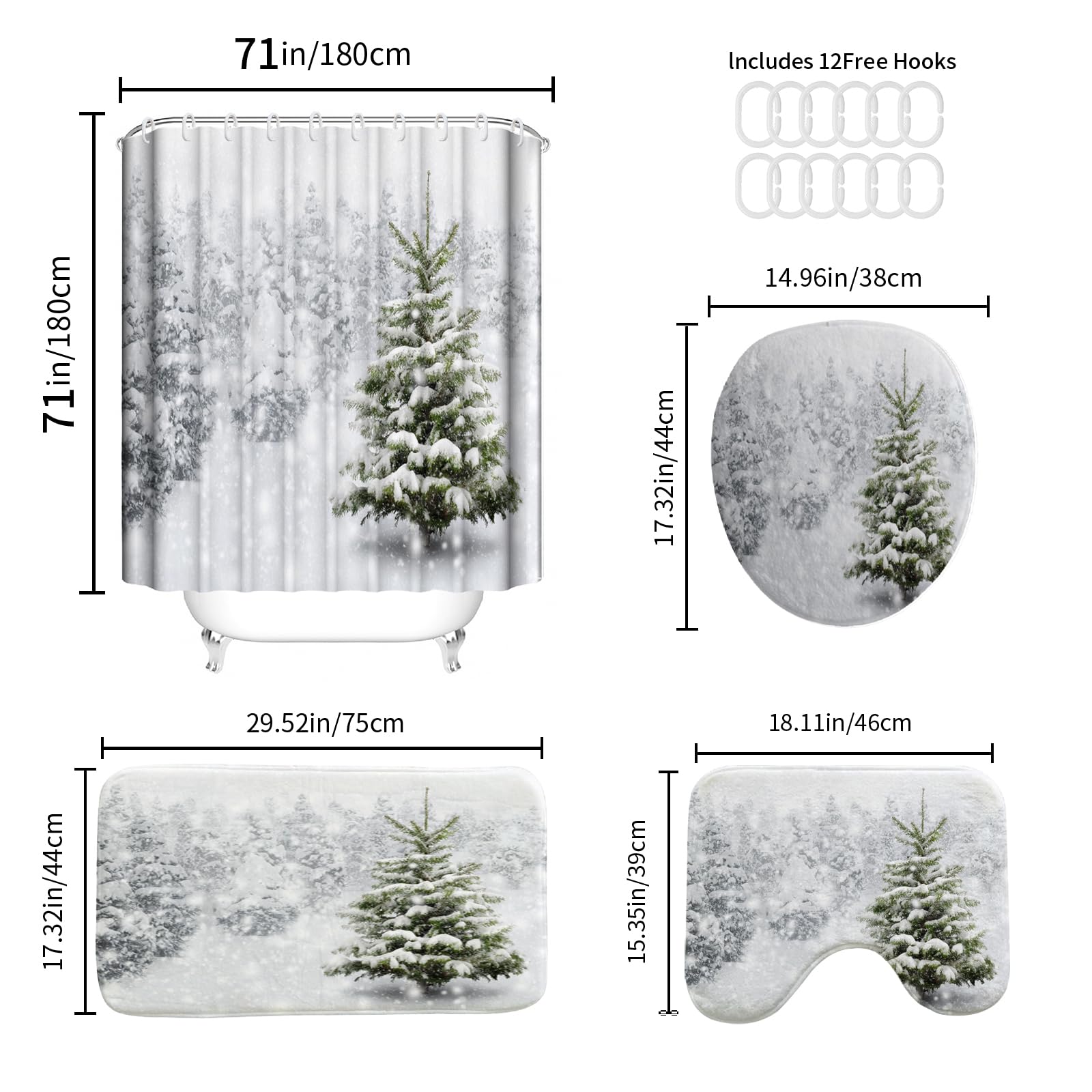 Onalasyc 4-Piece Christmas Shower Curtain Set,Winter Christmas Tree Snowflake Shower Curtains Holiday Bathroom Set with Shower C