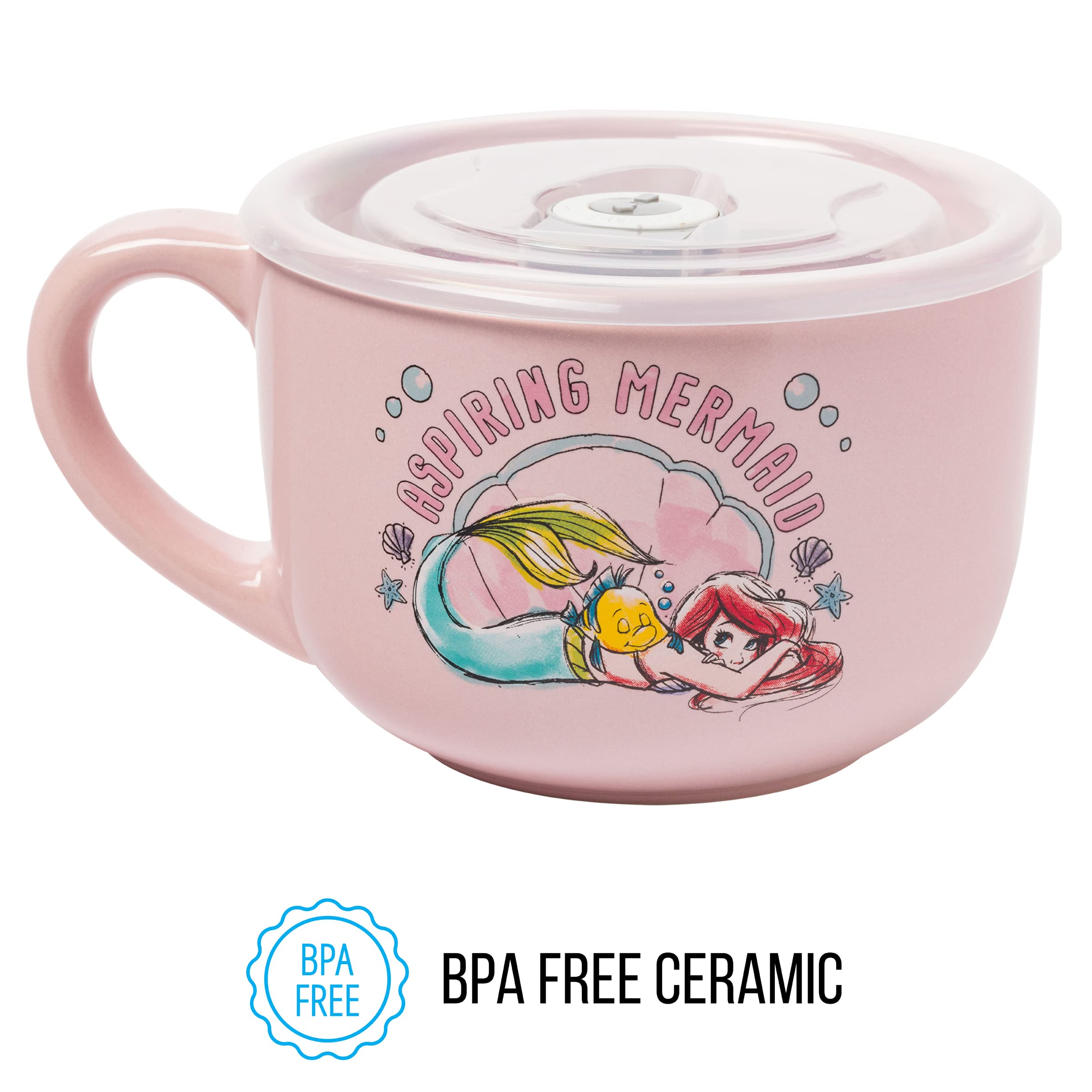 Silver Buffalo Disney Princess Little Mermaid Aspiring Mermaid Ceramic Soup Mug with Vented Plastic Lid, 24 Ounces