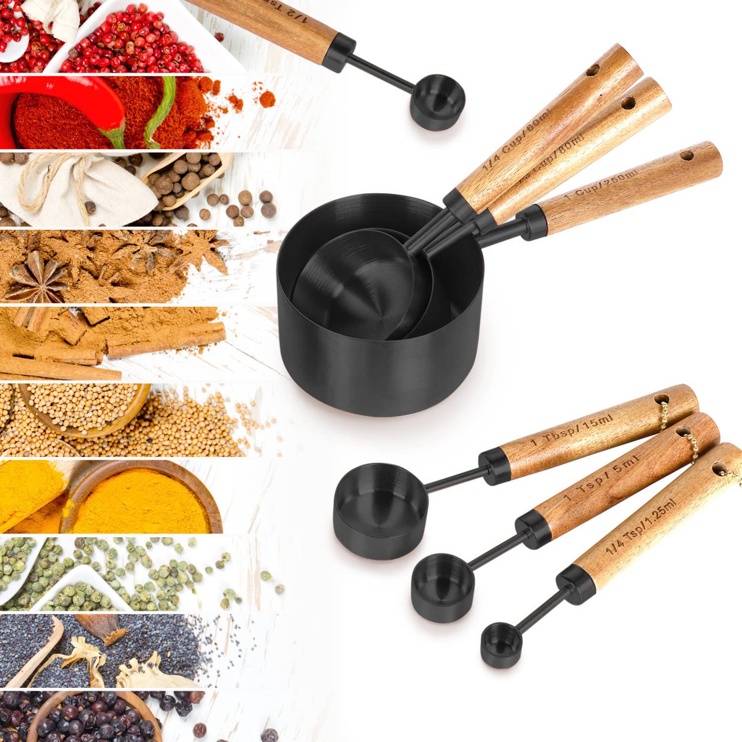 PRETTYFINE 8 Piece Gold Measuring Cups & Spoons Set, Large Stainless Steel with Wood Handles, Model MeaCup