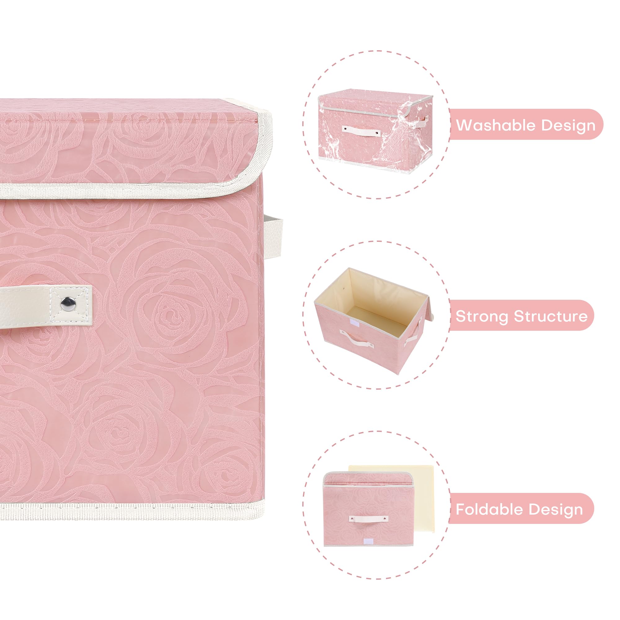 Anminy Fabric Storage Bin With Lid Rose Print Storage Box Basket With Pu Leather Handles Washable Pp Plastic Board Decorative Fo