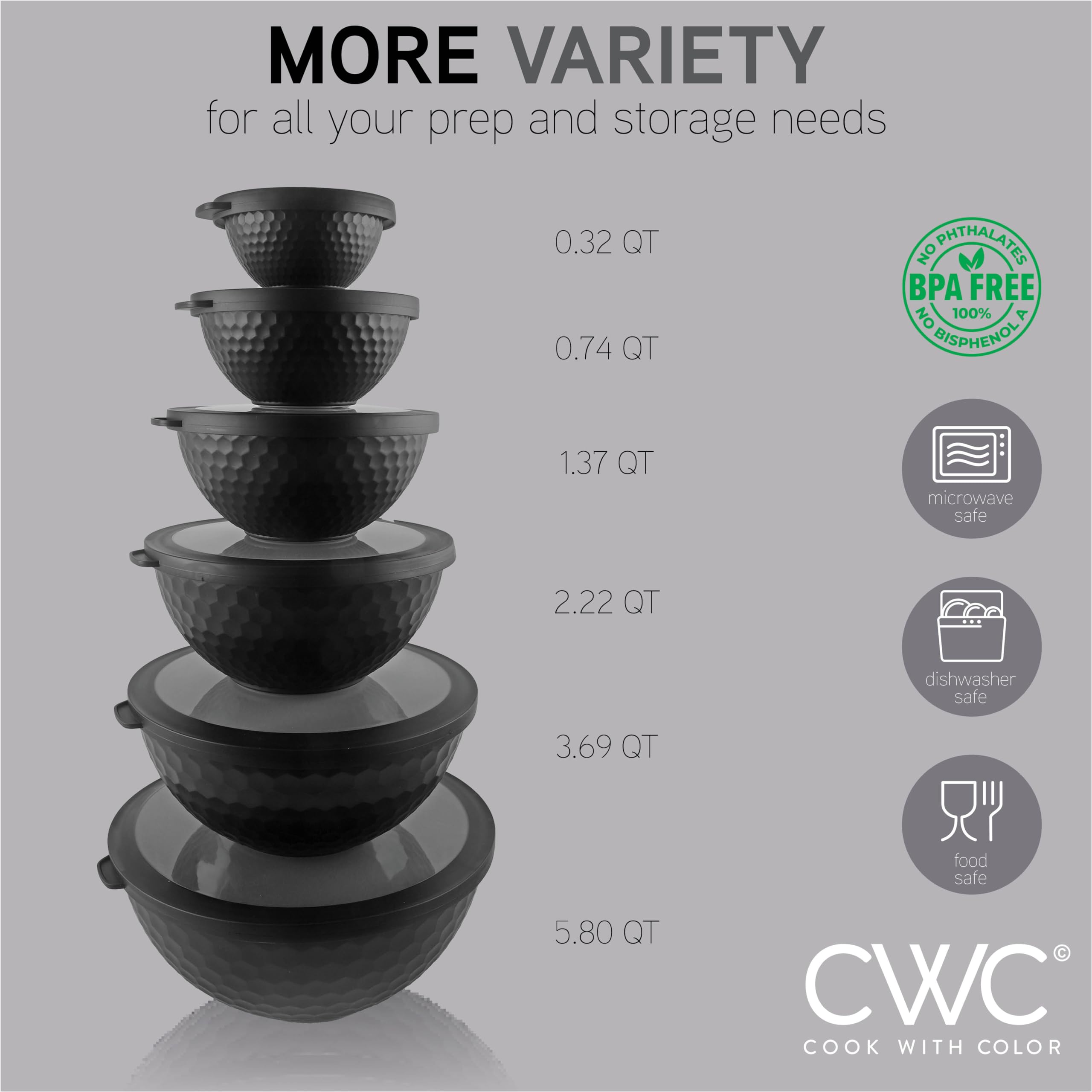 Cook With Color Plastic Nesting Mixing Bowls Set - 12 Piece Includes 6 Prep Bowls And 6 Lids, Microwave Safe (Gray Ombre)