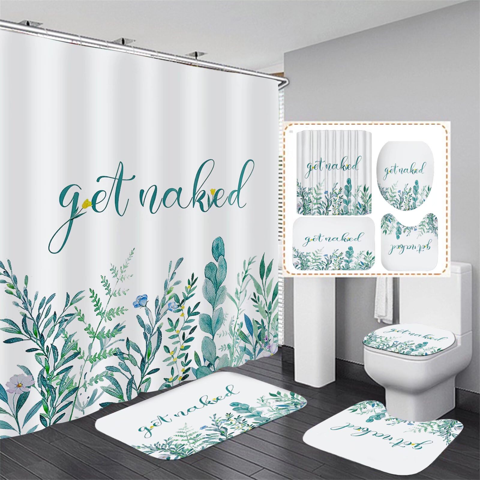 Ddqq 4Pcs Spring Dragonfly Shower Curtain Set Yellow Flower Bathroom Sets With Rugs, Green Leaf Bathroom Shower Curtain Set With