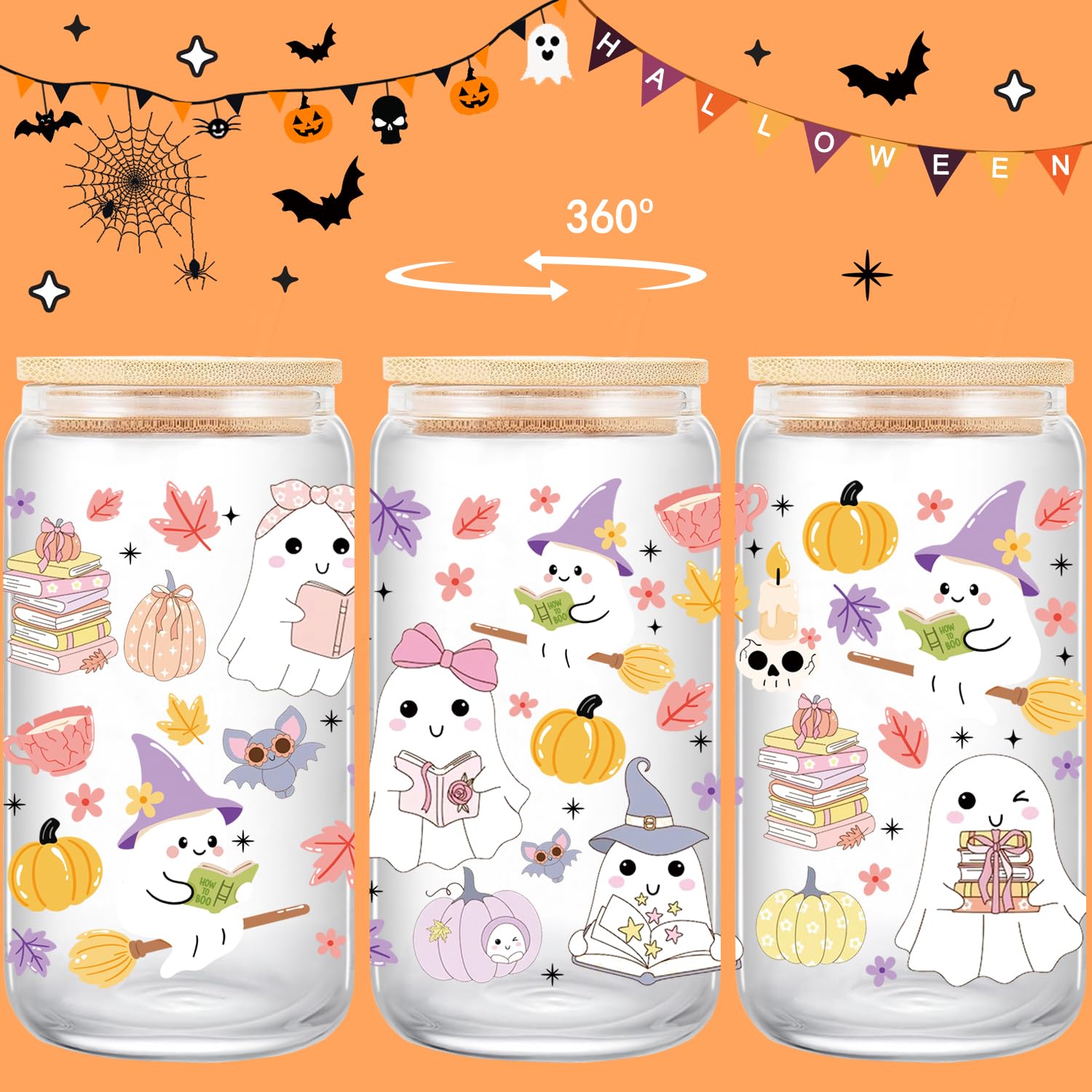 JYPLKCMT Ghost Reader Halloween Cup, Cute Halloween Mug Gifts Basket for Book Lovers, 16 oz Iced Coffee Tumbler with Lid and Str