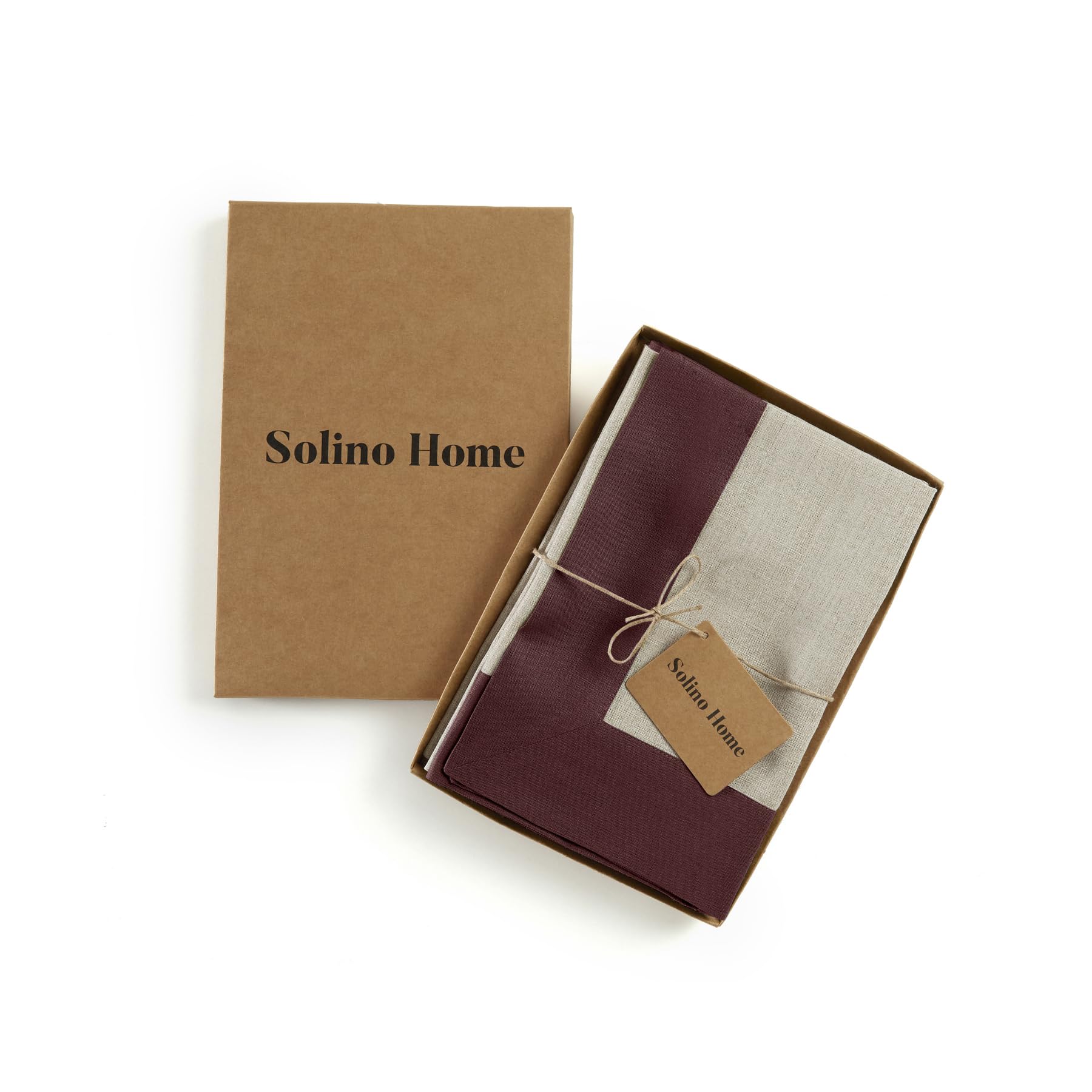 Solino Home Linen Dinner Napkins 20 X 20 Inch - 100% Pure Linen Burgundy And Natural Cloth Napkins Set Of 4 - Contempo, Handcraf