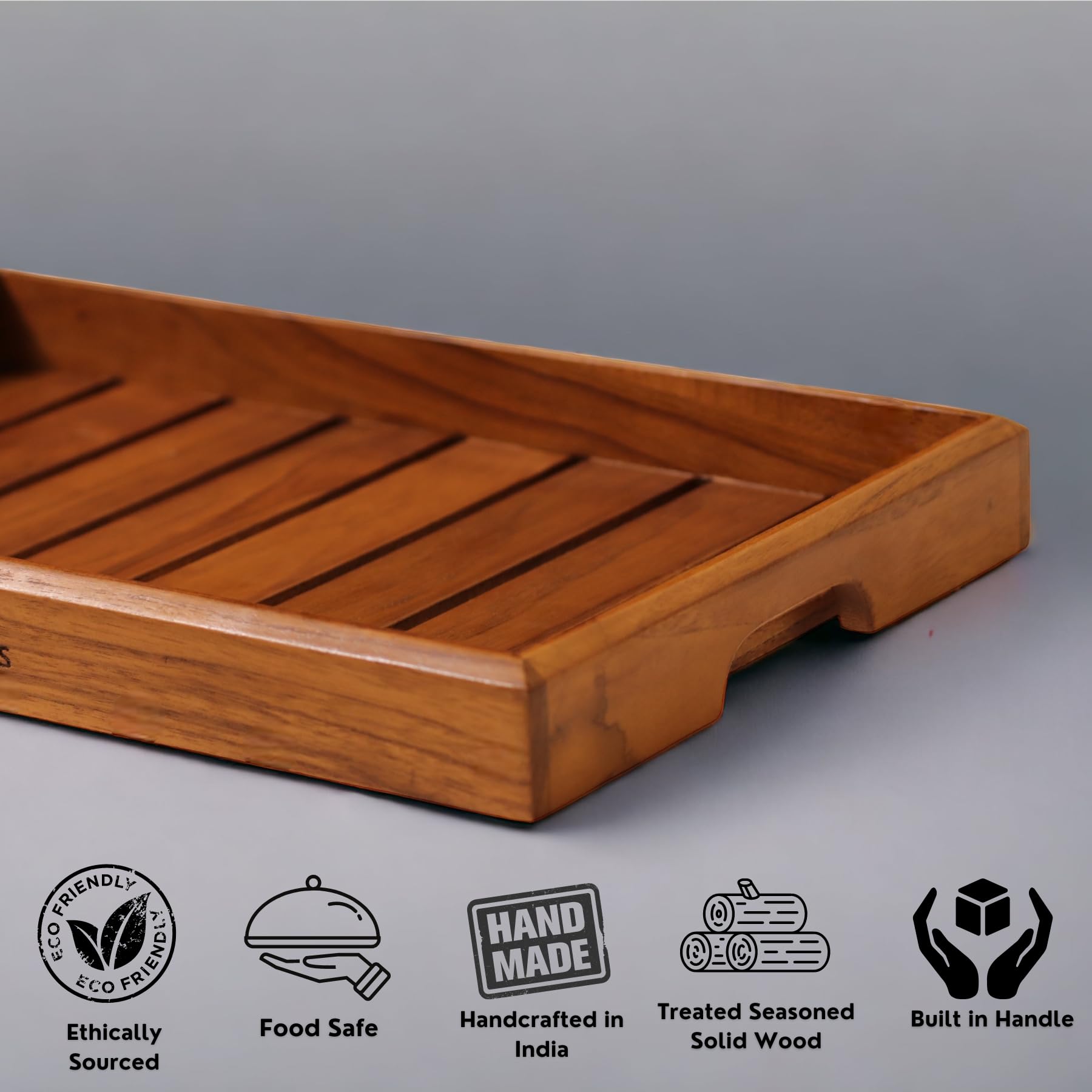 Vesta Homes Large Teak Wood Serving Tray For Home, Kitchen, Breakfast, Restaurant, Office Organizer, Dining Table | Premium Wood