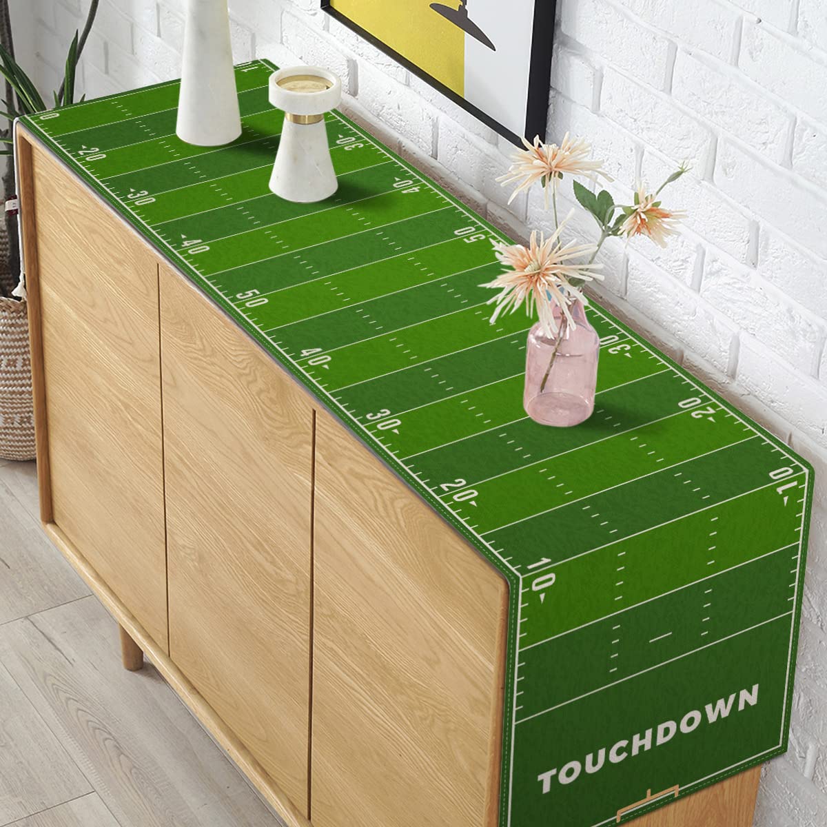 Pudodo Football Field Table Runner Touchdown Game Day Tablecloth Football Theme Birthday Party Kitchen Dining Home Decoration (1