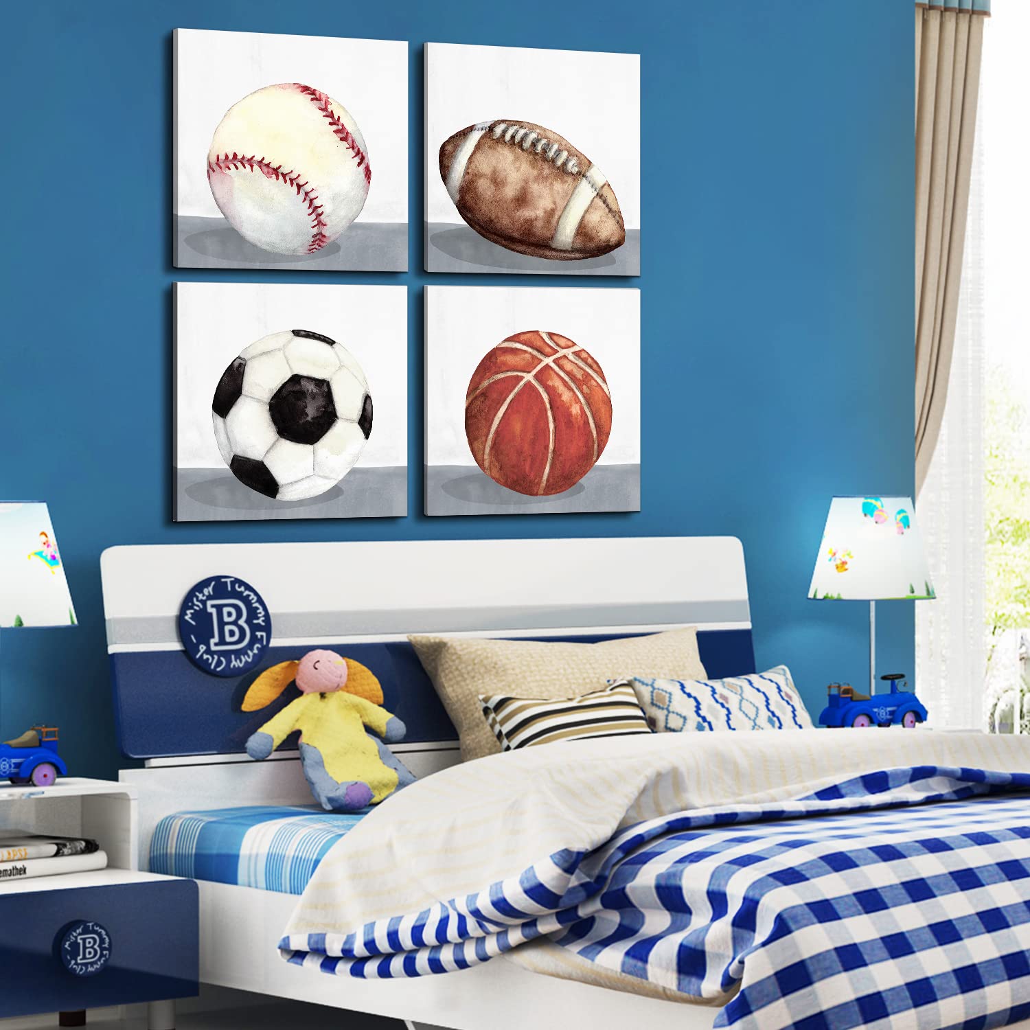 Boys Bedroom Wall Decor Sports Wall Art Vintage Football Soccer Baseball Basketball Themed Canvas Pictures For Kids Boy Room Nur