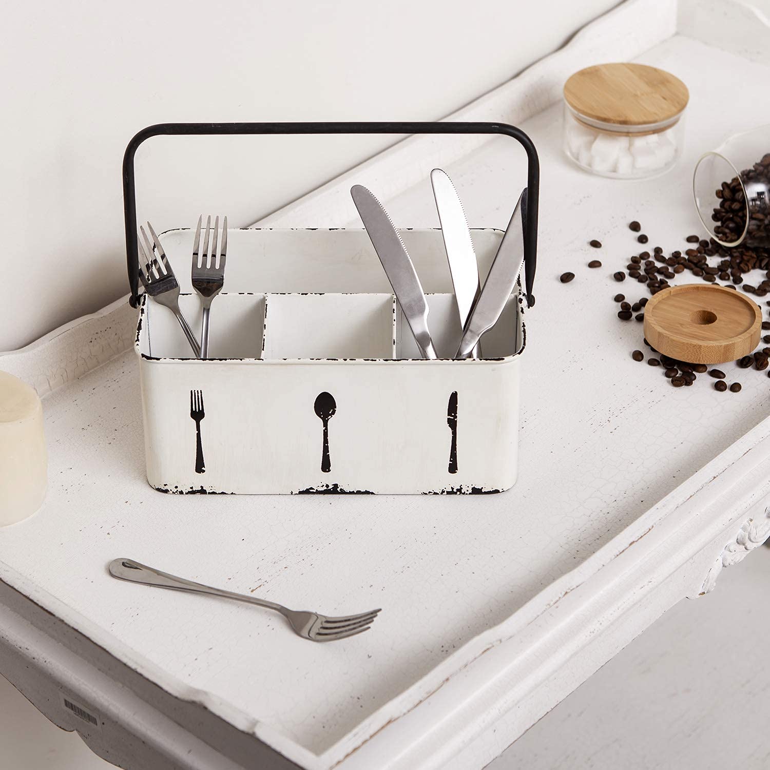 Nikky Home Utensil Caddy, Farmhouse Rustic Metal Cutlery Silverware Caddy With 4 Compartments, Flatware Holder Organizer For Kit