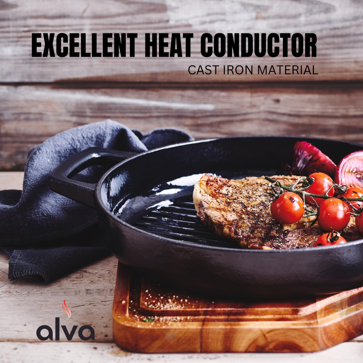 Alva Nori 11" Ceramic Coated Cast Iron Grill Pan - Non-Toxic, PFAS-Free, Induction Safe, Black Griddle for Indoor Cooking