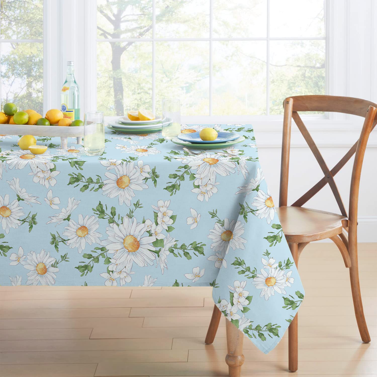 Daisy Tablecloth, Blue Floral Rectangle Tablecloth, Sunflower Tablecloth, Spring Summer Waterproof Wrinkle Free Durable Rectangl