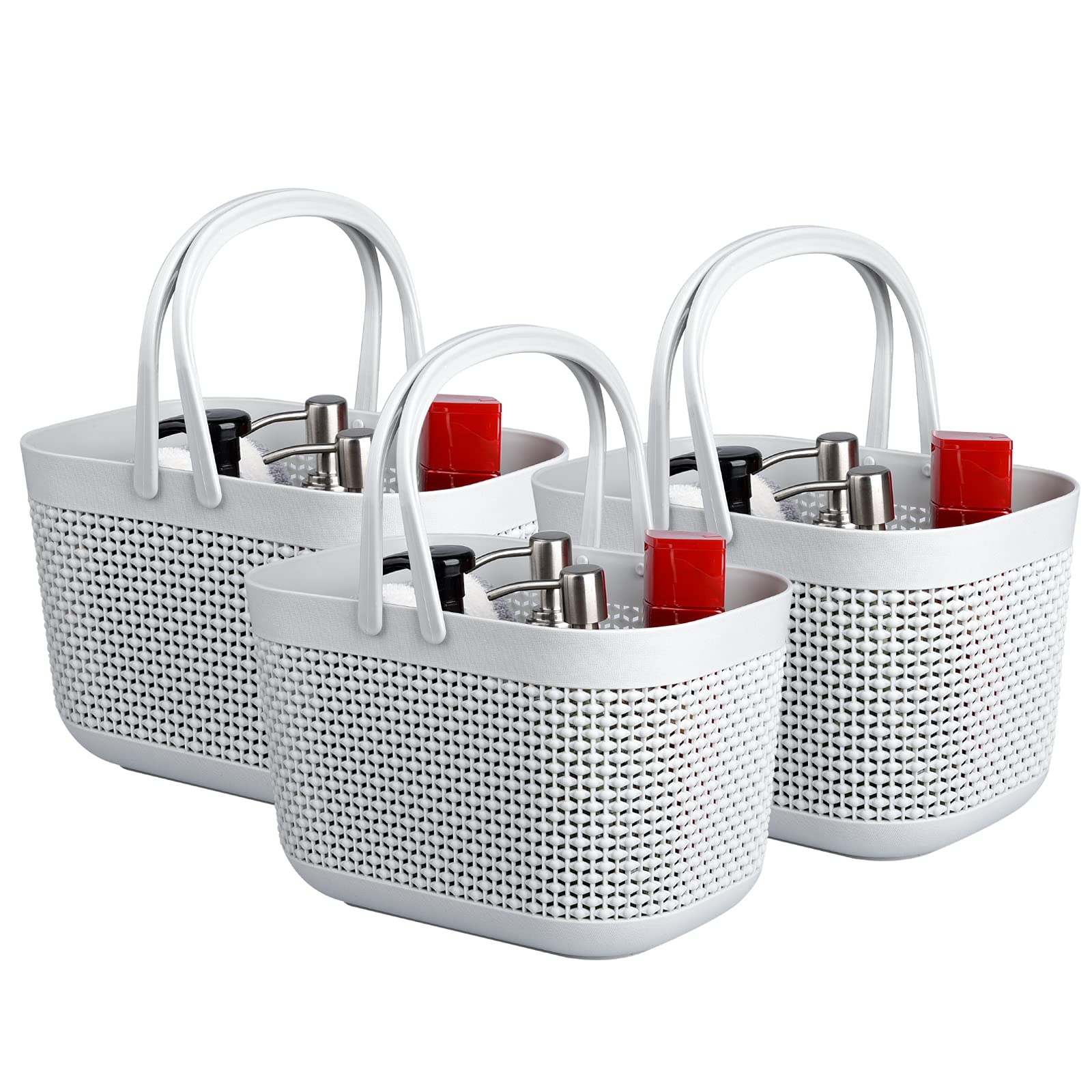 UUJOLY Plastic Organizer Storage Baskets with Handles, Shower Caddy Bins Organizer for Bathroom and kitchen (3 Pack, Grey)