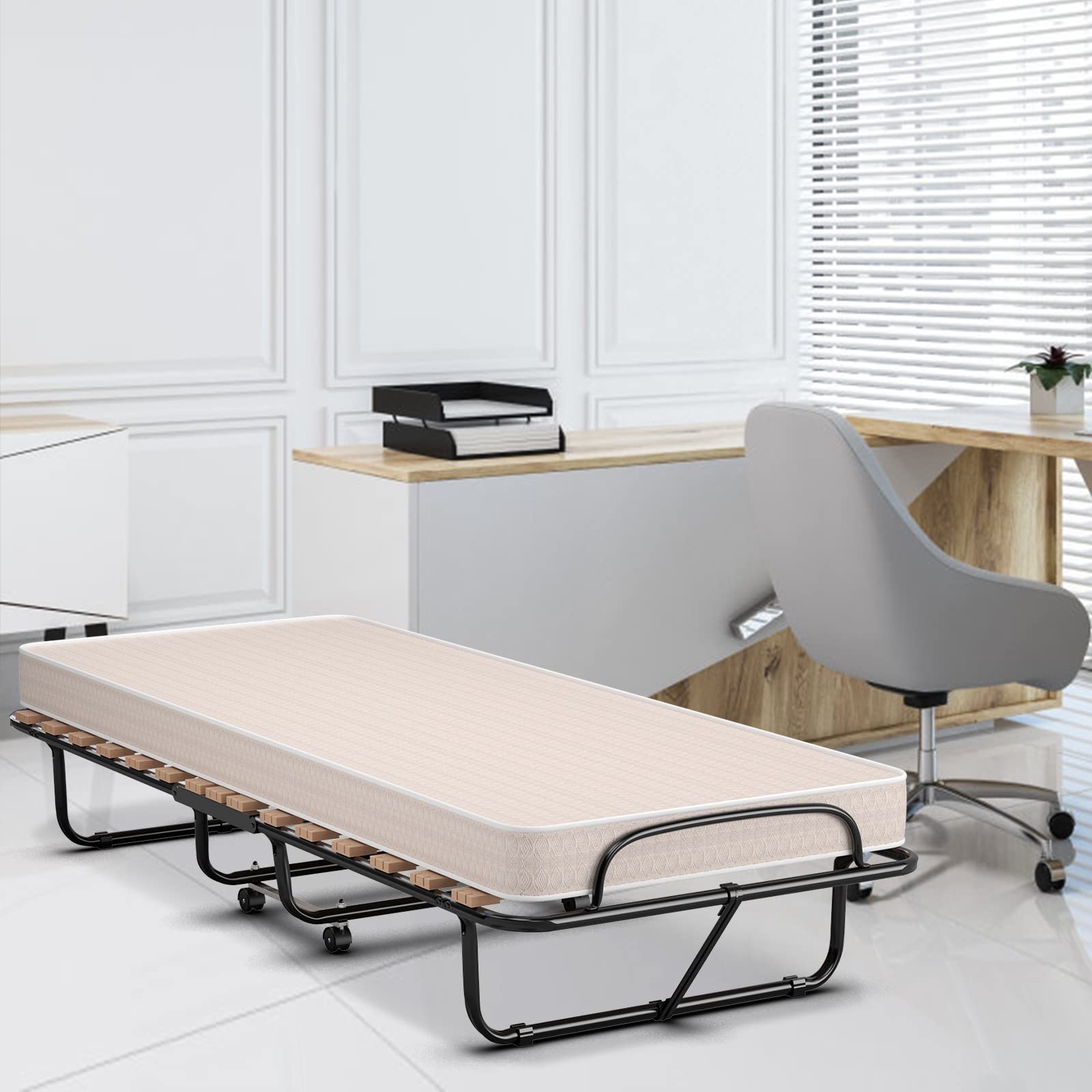 Komfott Folding Rollaway Bed With 4'' Mattress, Foldable Rollaway Bed With Memory Foam Mattress For Adults, Portable Fold Up Gue