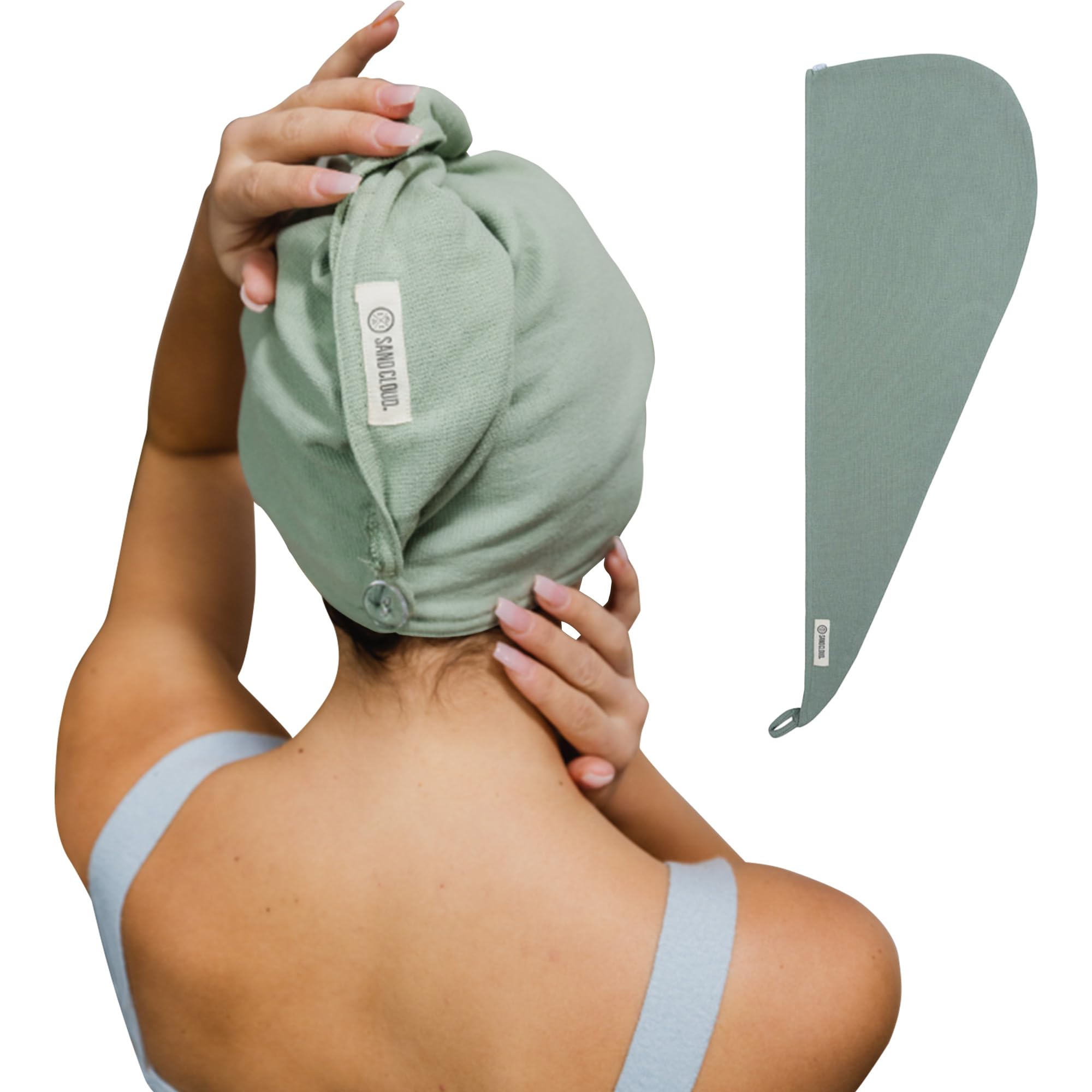 Sand Cloud Cotton Hair Towel Wrap, Sage - Quick Dry Hair Towel for Wet Hair - 100% Turkish Organic Cotton, Half Terry Weave with