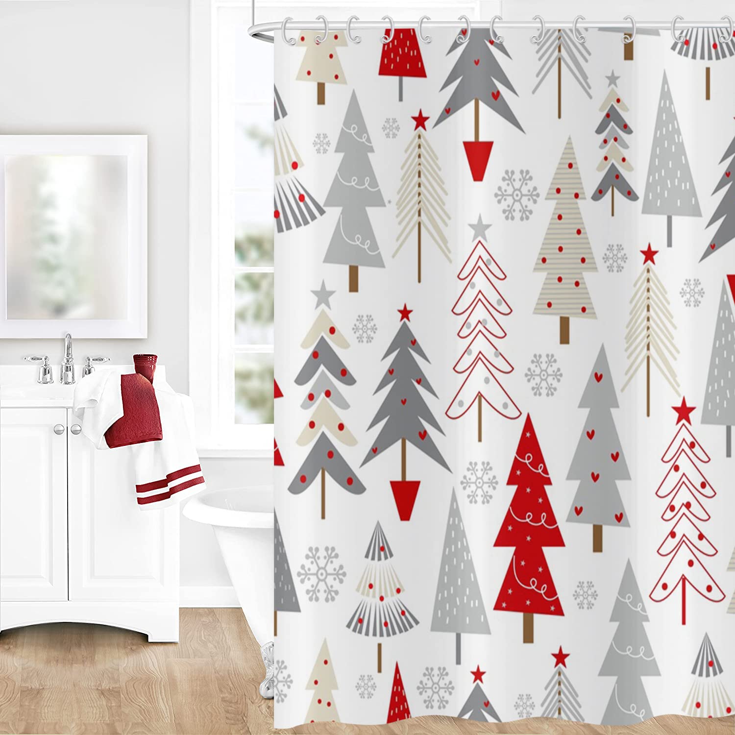 Gcirec Christmas Tree Shower Curtain, Grey Beige Red Xmas Tree With Stars Snowflake Cute Bathroom Curtain For Boys Girls Bathtub
