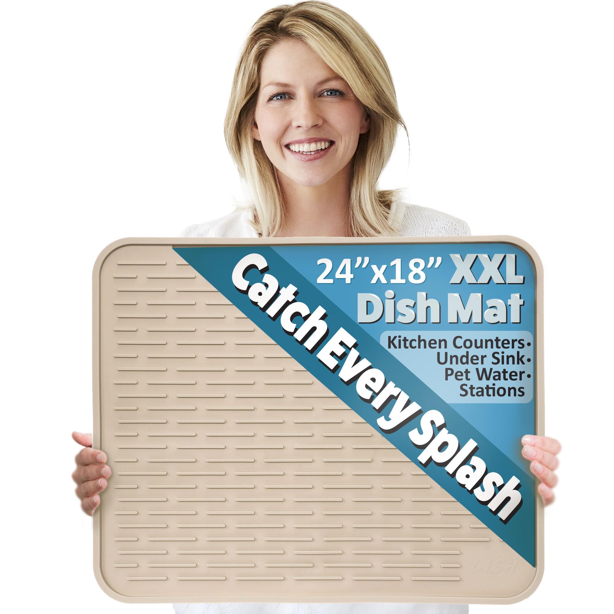 XXL Silicone Dish Drying Mat for Kitchen Counter or Under Sink, 24 x 18 Extra Large, Waterproof Pet Feeding Mat, Dog Food, Water