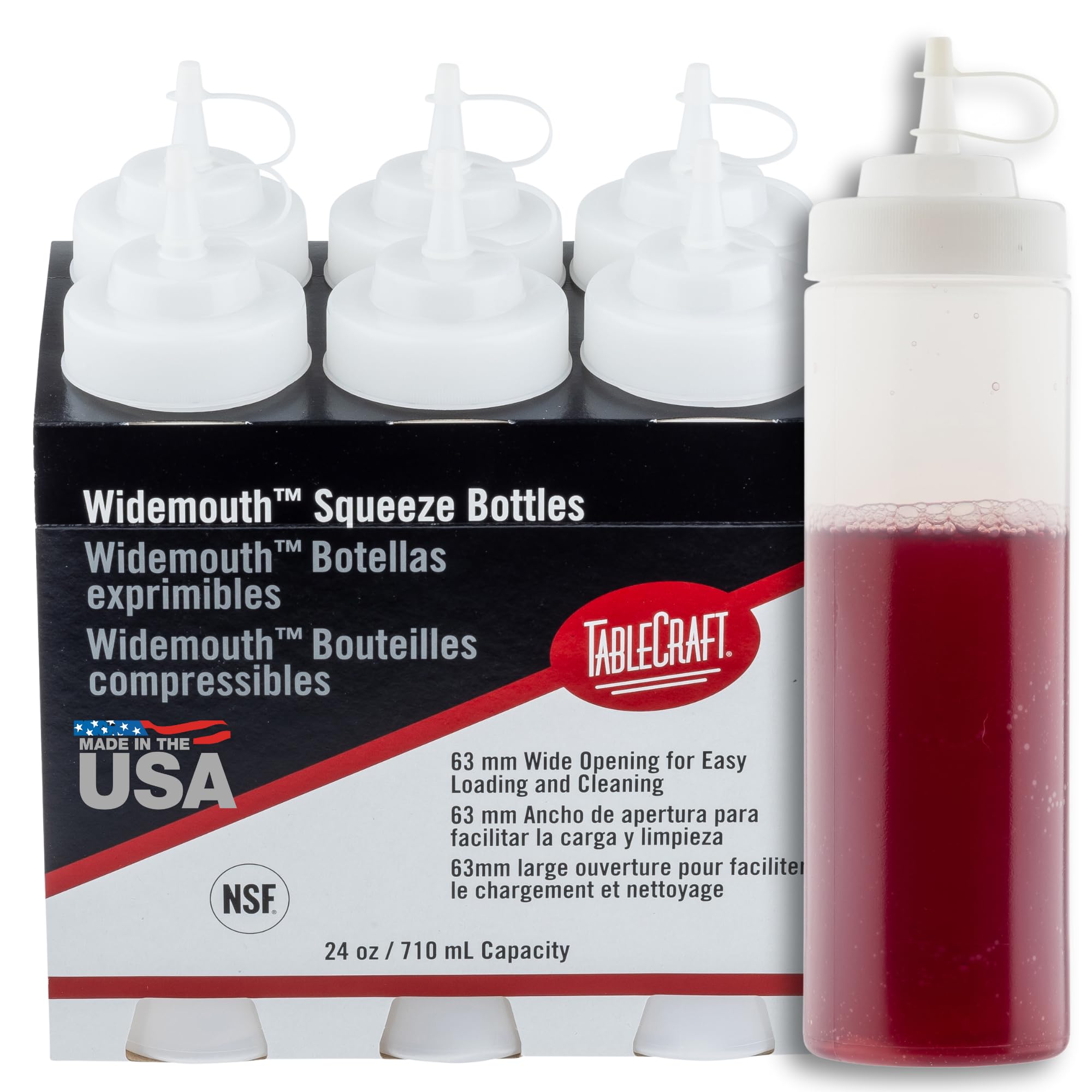 TableCraft 12633 Widemouth Condiment Squeeze Bottles, 63 mm Opening, Cone-Tip Top, Tethered Cap, Clear Sauce Dispensers for Food