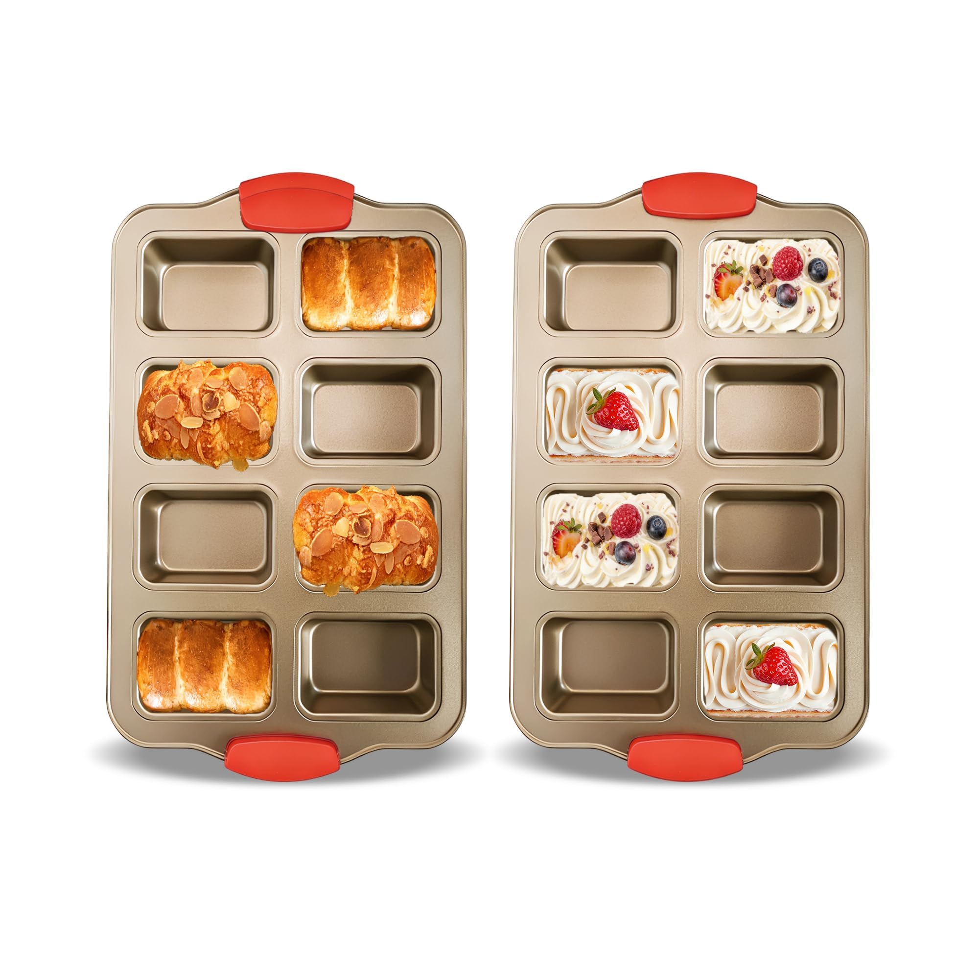 2 Pack Mini Loaf Pans, 8 Cavity Loaf Baking Pans With Silicone Handle, Gold