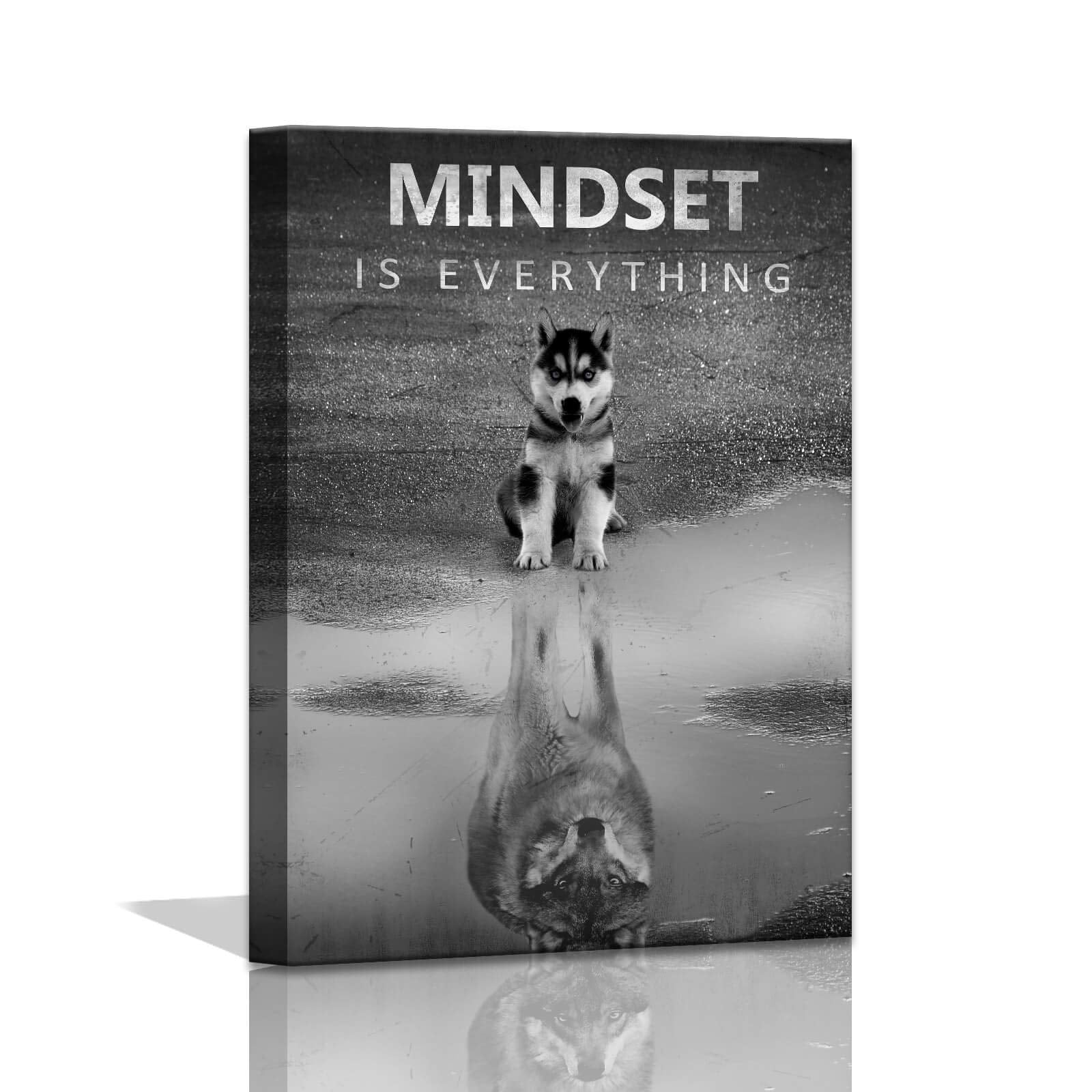 Modern Motivational Bedroom, Mindset Is Everything Inspirational Wall Art For Office Wolf Motto Artwork Wall Decor Black And Whi
