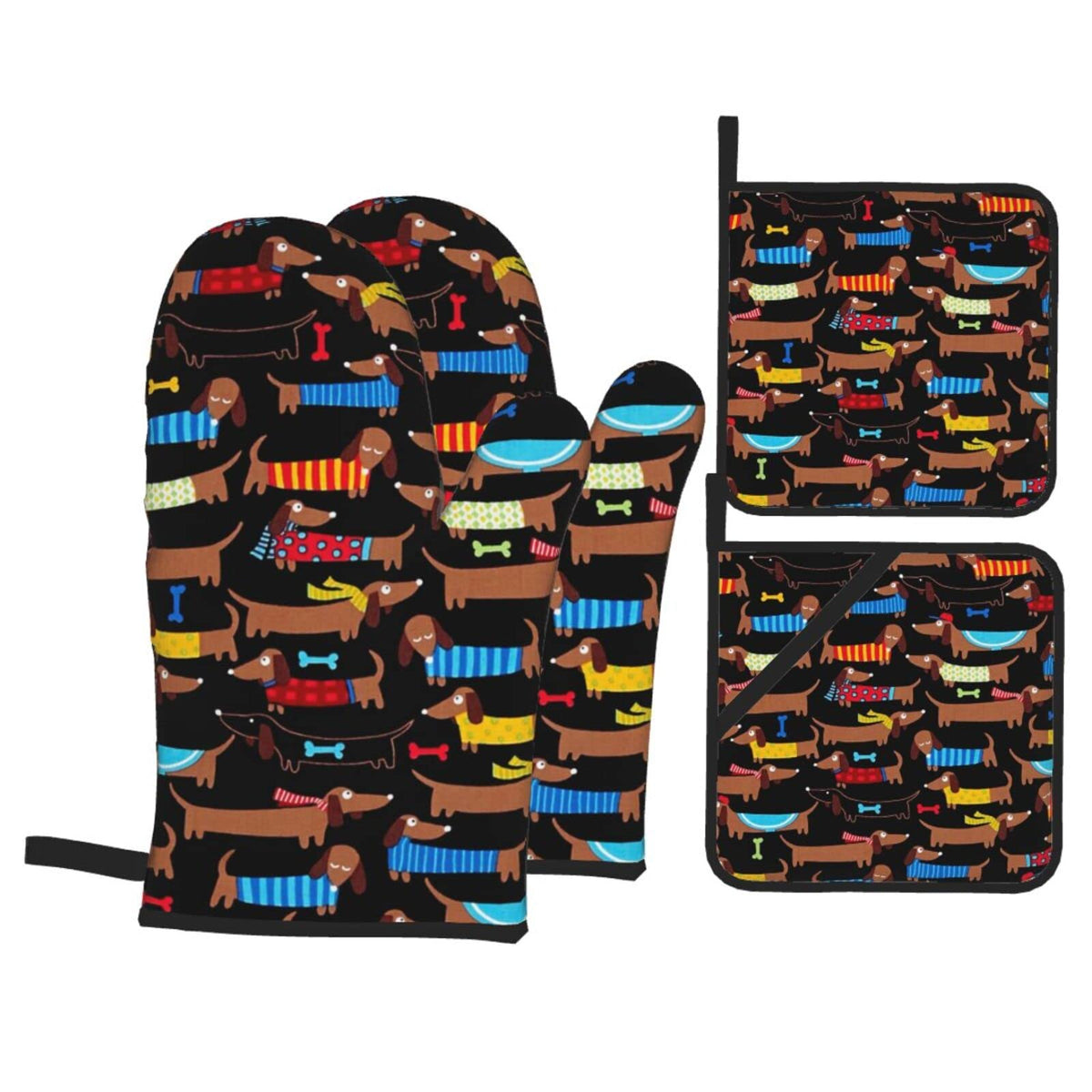 Cute Dachshund Oven Mitts And Pot Holders Set Funny Dogs Print Kitchen Gloves Heat Resistant Hot Pads For Microwave Bbq Cooking
