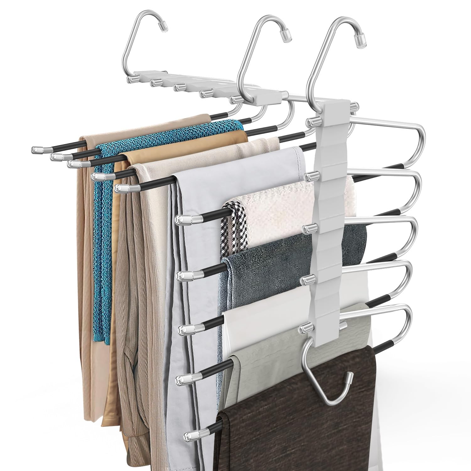 Loretoy 4 Pack Pants Hangers Space Saving, Anti-Slip Multi-Functional Pants Rack, Thickened Stainless Steel Tube, Two Hanging Mo