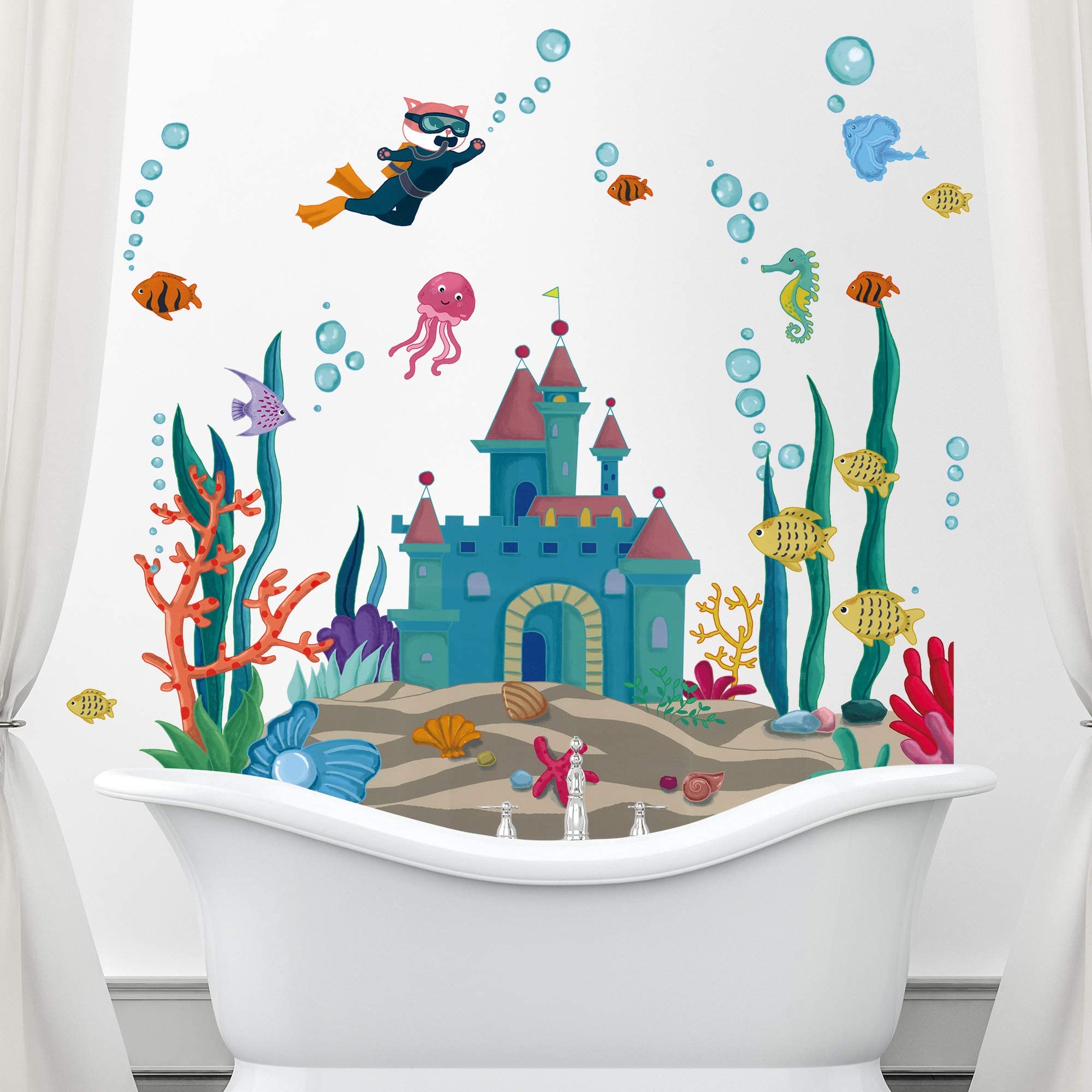 Rainbow Wsk Ocean Fish Wall Decals 3D Under The Sea Castle Wall Stickers Diy Removable Diver Seaweed Corals Jellyfish Bubble Wal