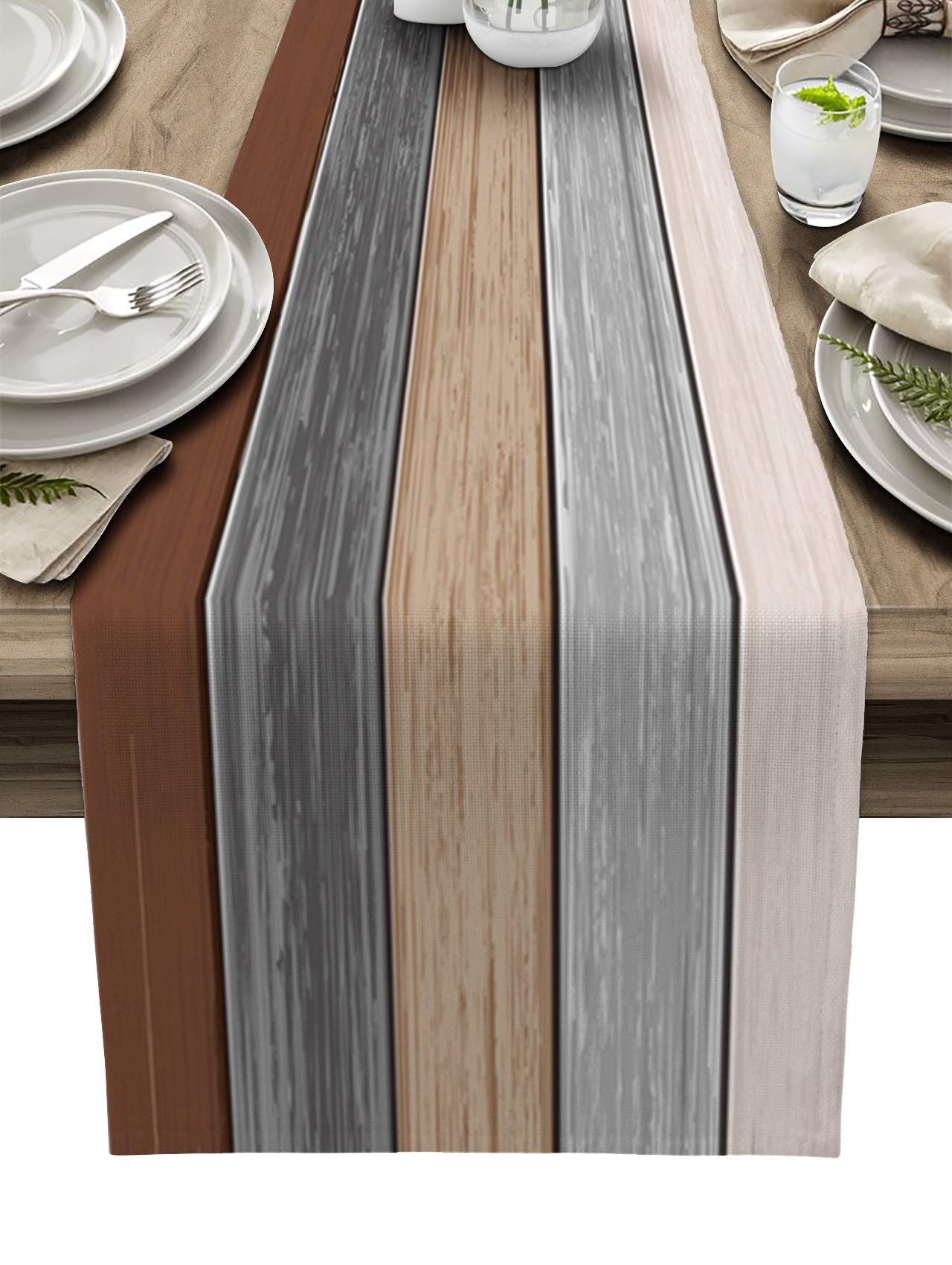 Farmhouse Cotton Linen Table Runner Retro Rustic Barn Wood Texture Ombre Ground Color Brown Grey Non-Slip Rectangle Party Table
