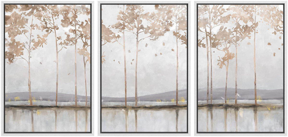 Signford Framed Canvas Print Wall Art Set Pastel Mountain Lake Tree Forest Abstract Shapes Illustration Modern Art Decorative No