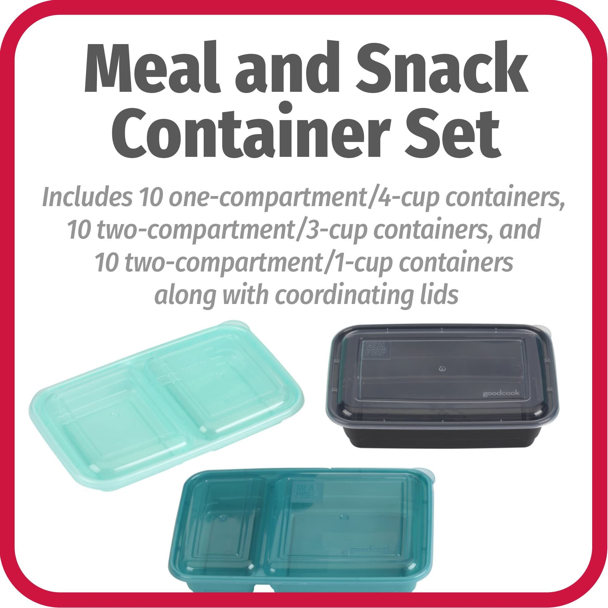 GoodCook Reusable Meal & Snack Prep Containers, BPA-Free Plastic, 30 Sets, Assorted Colors, Model 10830