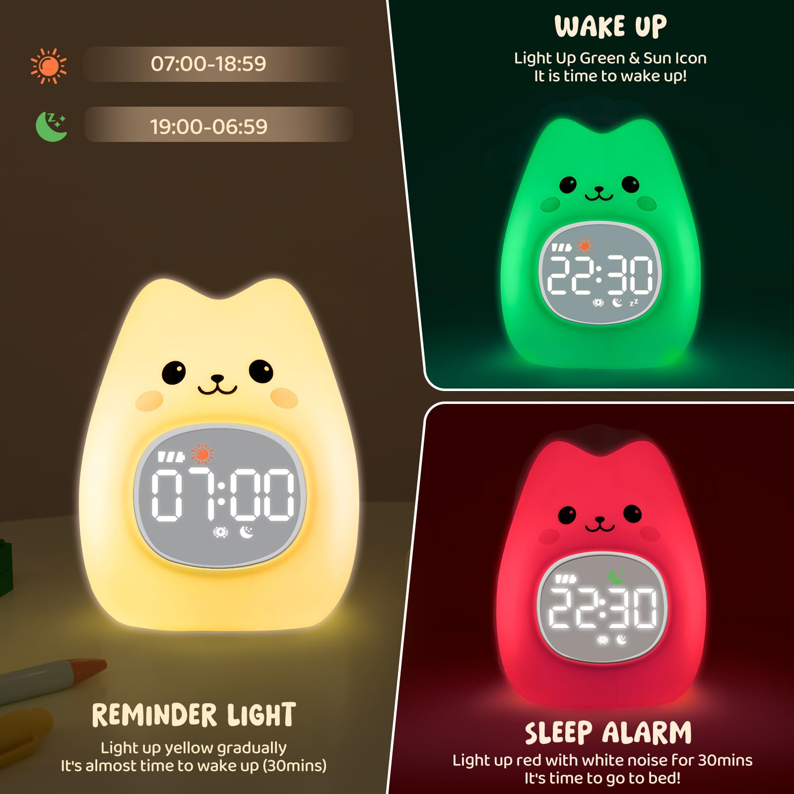 Aokpsrt Cat Alarm Clock with Night Light for Kids with Sleep Training and Sound Machine, Rechargeable Silicone Lamp OK to Wake C