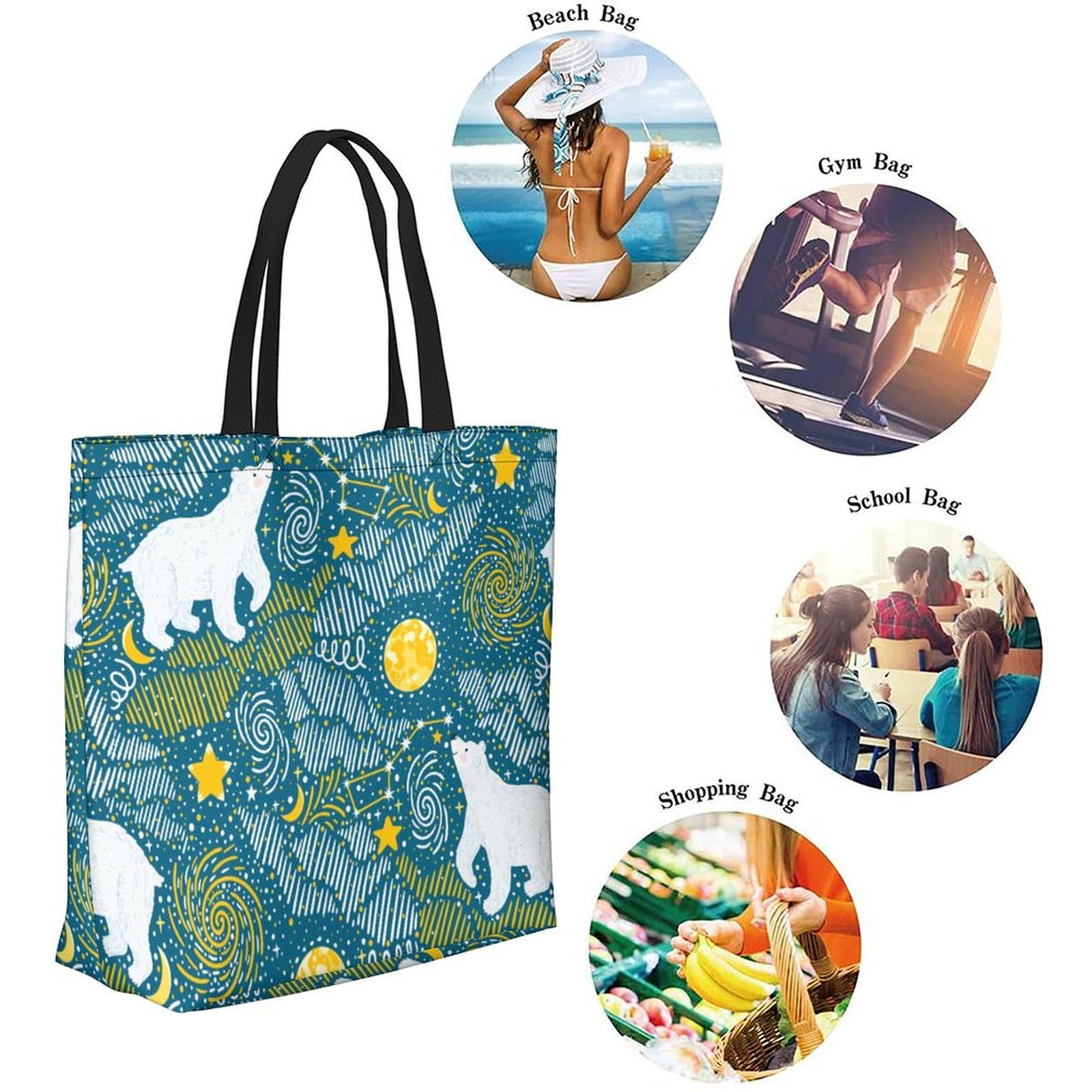 Muishi Polar Bears Star Canvas Tote Bag Large Women Casual Shoulder Bag Handbag Reusable Beach Shopping Grocery Bag For Outdoors