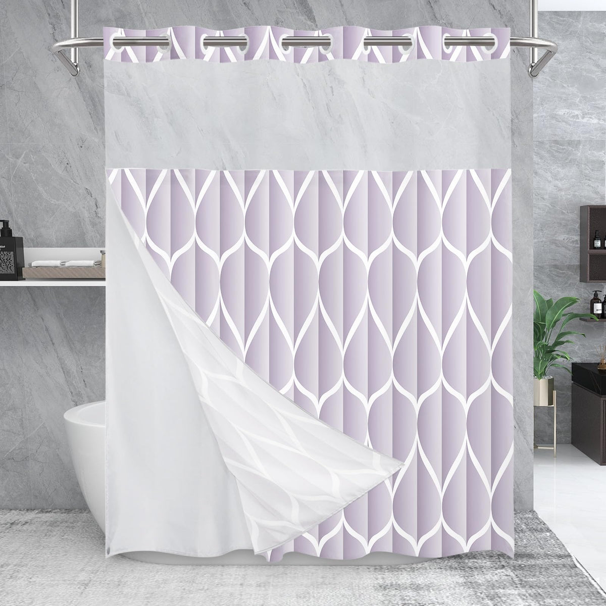 Yiatn No Hook Plum Shower Curtain With Snap In Fabric Liner Set - Hotel Style With See Through Mesh Top Window, Modern Geometric
