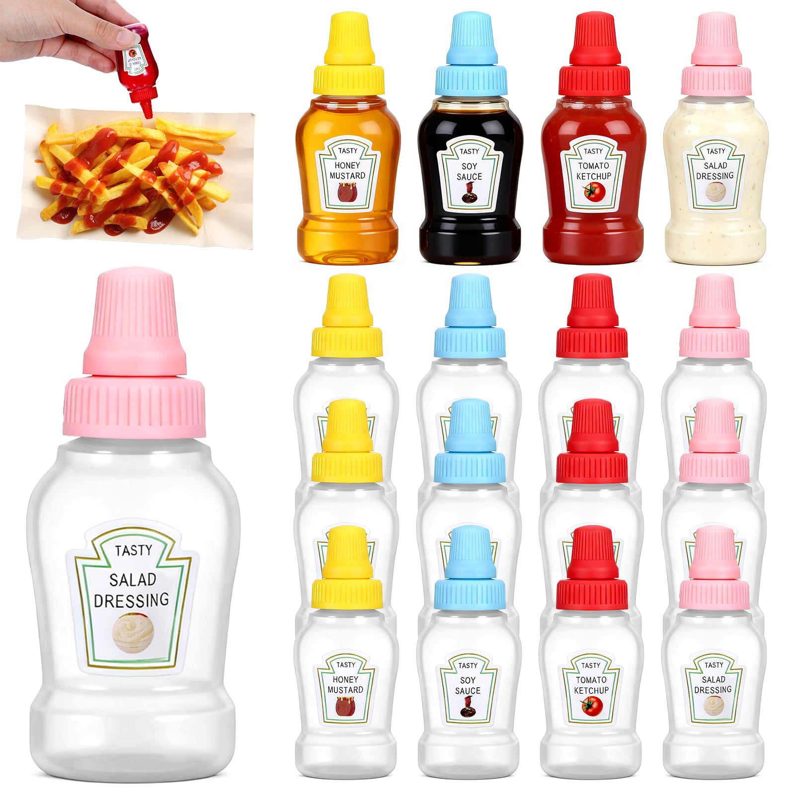 Bruislard 16 Pack Mini Ketchup Bottles Portable Lunch Box Dressing Dispensers Condiment Squeeze Bottles Plastic Sauce Container 