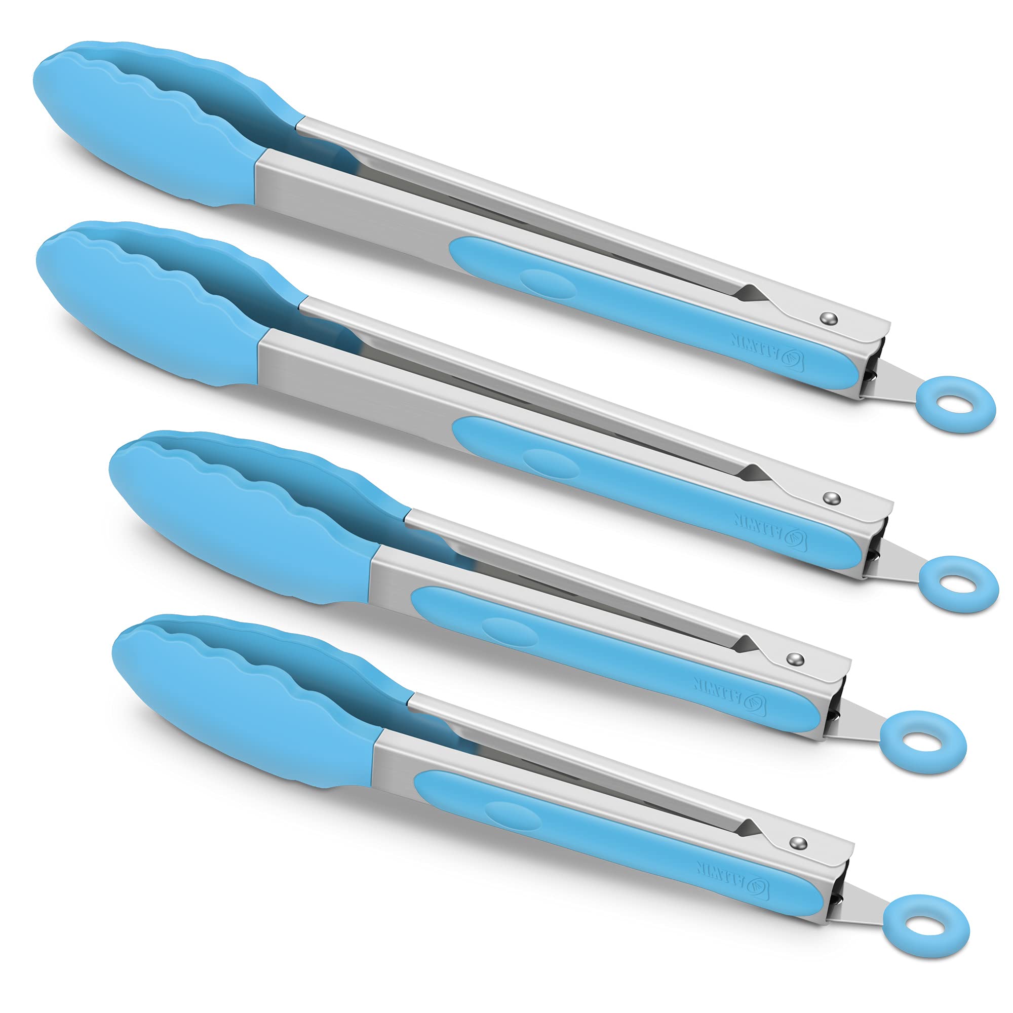 4 Pack Blue Kitchen Tongs, Premium Silicone Bpa Free Non-Stick Stainless Steel Bbq Cooking Grilling Locking Food Tongs, 9-Inch &