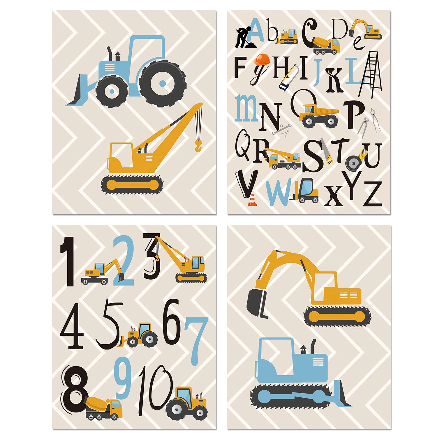 Kairne Cartoon Construction Art Print, Set Of 4 (8X10   ) Trucks,Digger,Transport Vehicle Canvas Poster,Alphabet Numbers Art Pai