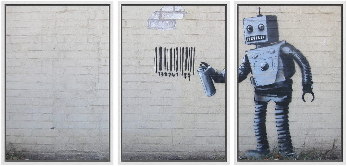 Wall26 - Robot Graffiti Banksy Street - Framed Canvas Art Wall Art - 24''X36''X3 White